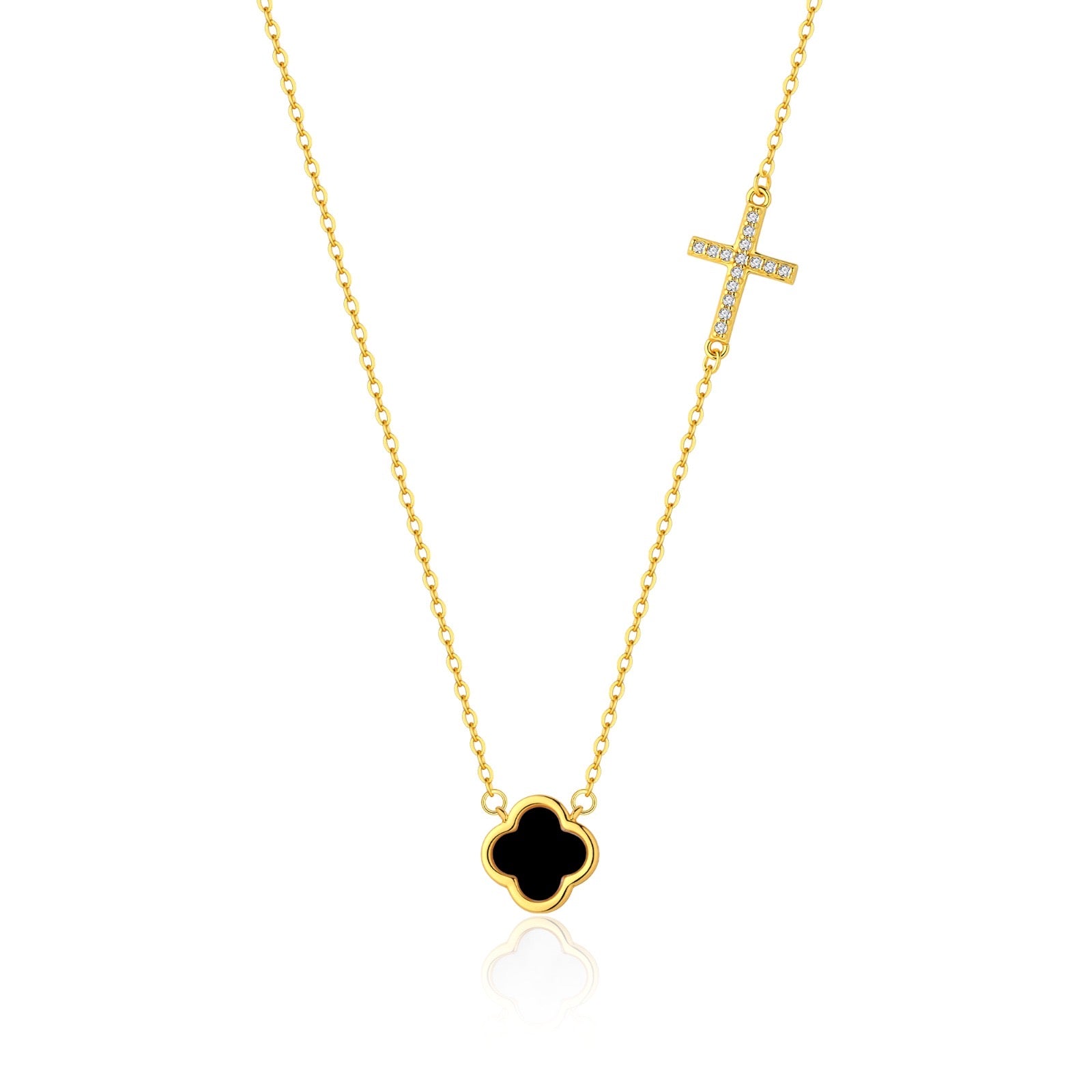 ELLIE BLACK AGATE CLOVER AND CROSS GOLD NECKLACE
