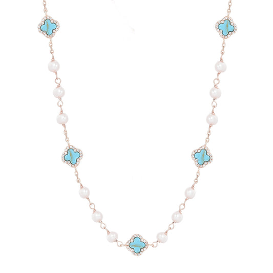 NALA PEARL MINI TURQUOISE FIVE CLOVER ROSE GOLD NECKLACE