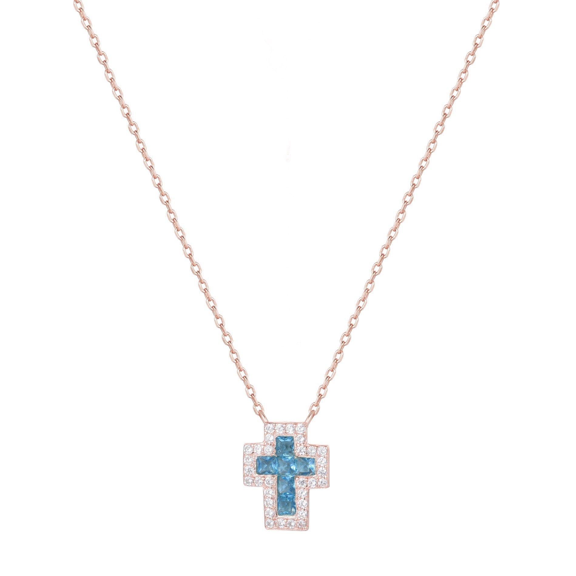 SARAI AQUAMARINE CROSS ROSE GOLD NECKLACE