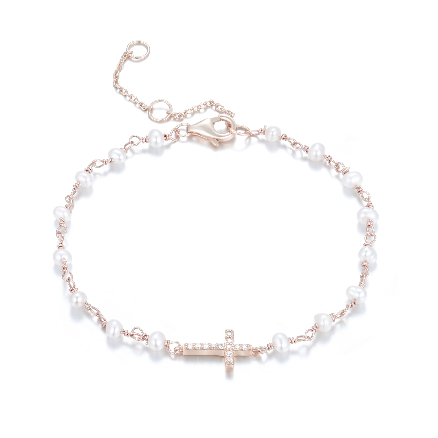 KATERINA CROSS FRESHWATER PEARL BEADED ROSE GOLD BRACELET