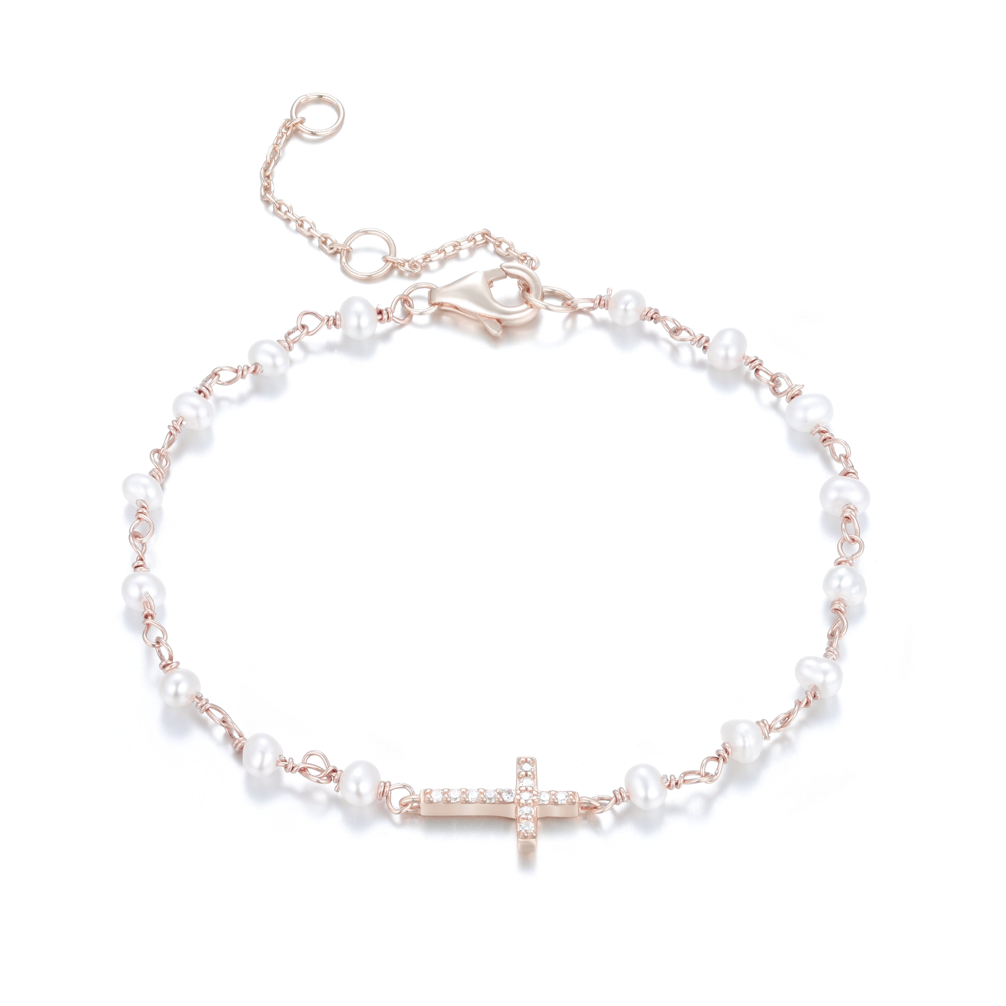 KATERINA CROSS FRESHWATER PEARL BEADED ROSE GOLD BRACELET