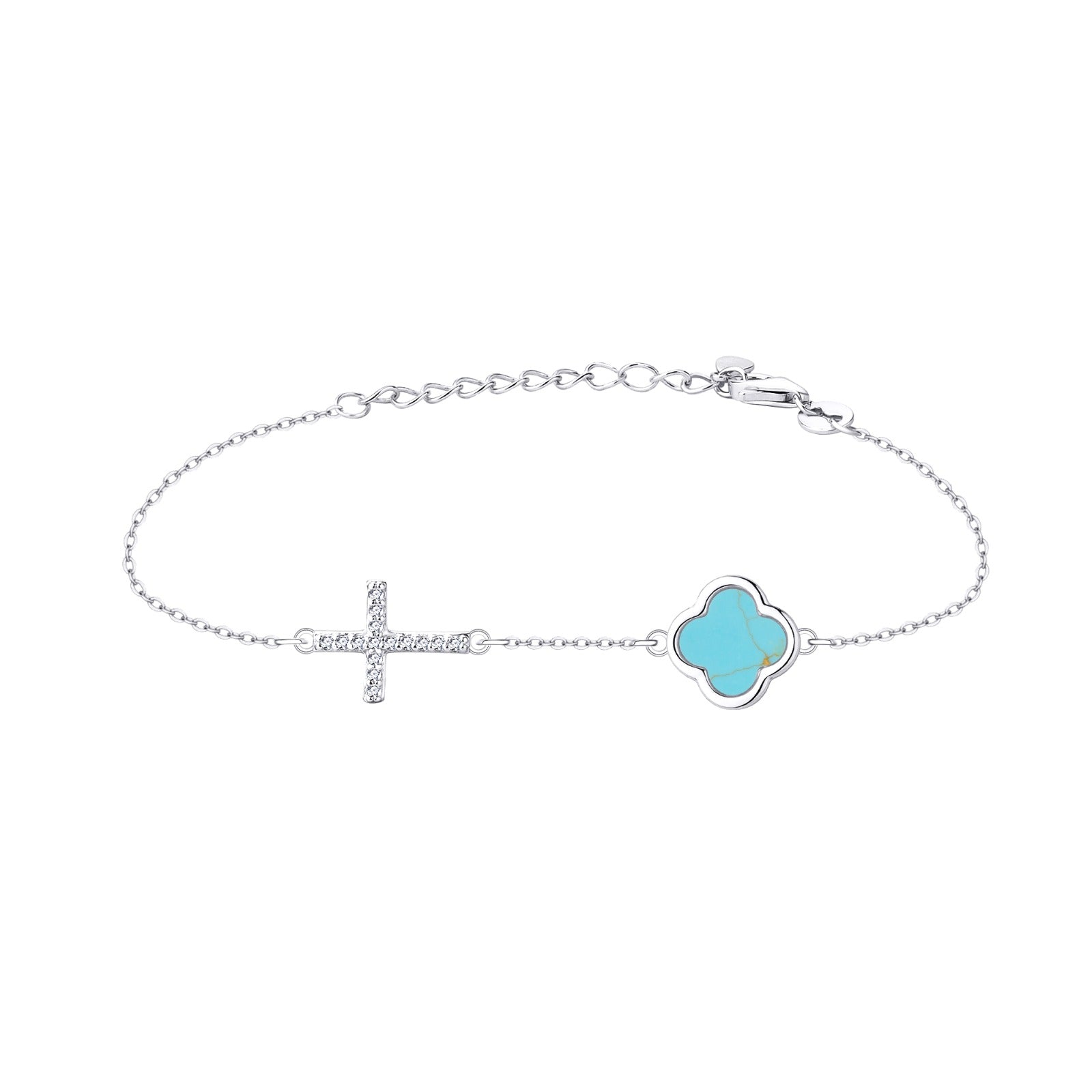 ELLIE TURQUOISE CLOVER AND CROSS SILVER BRACELET
