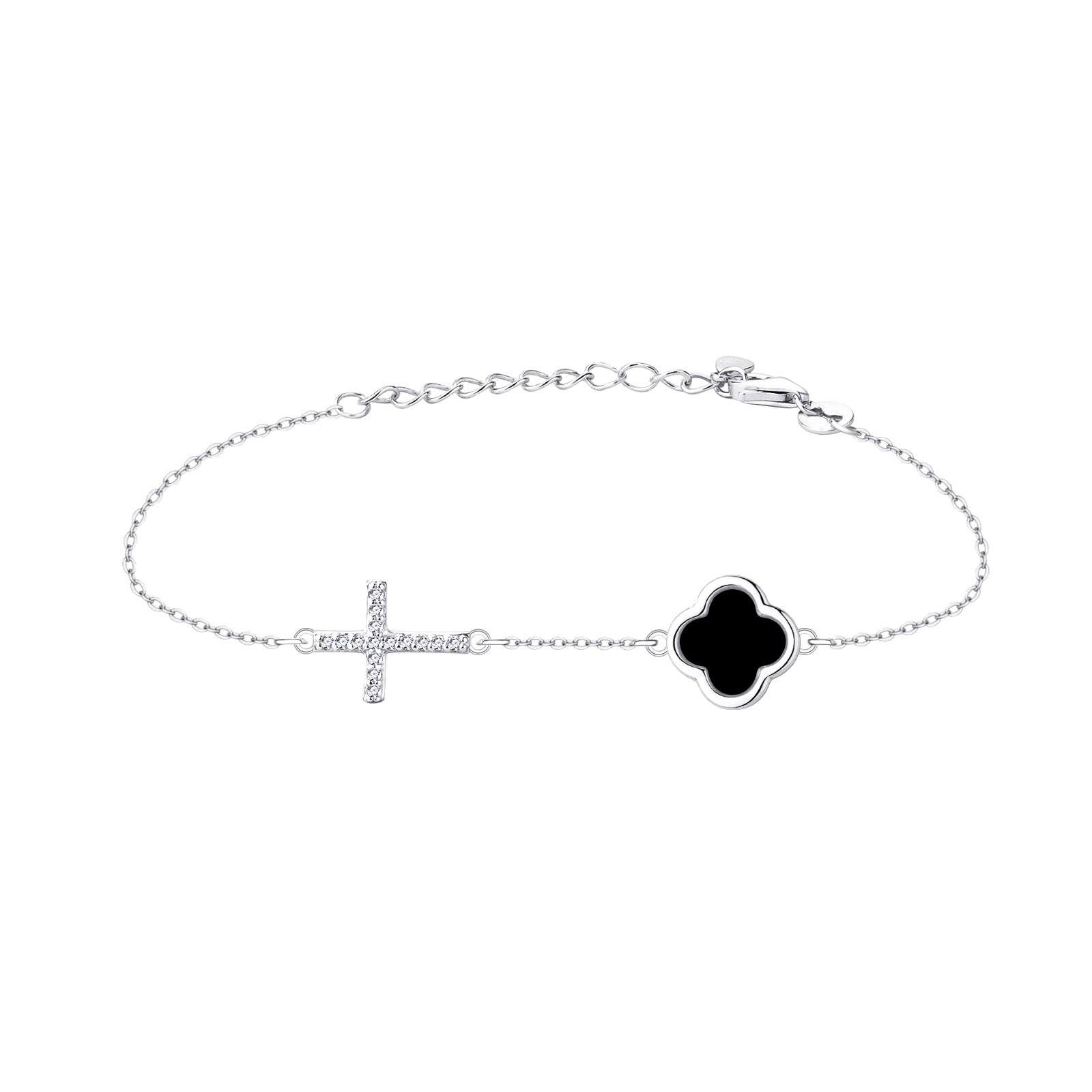 ELLIE BLACK AGATE CLOVER AND CROSS SILVER BRACELET