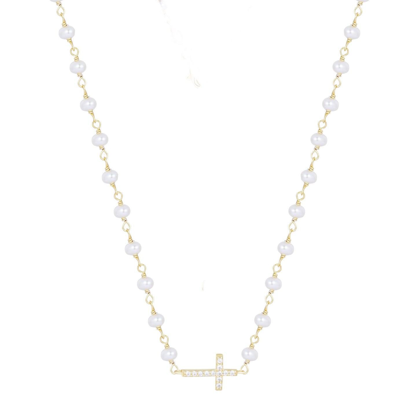 KATERINA CROSS PEARL BEADED GOLD NECKLACE