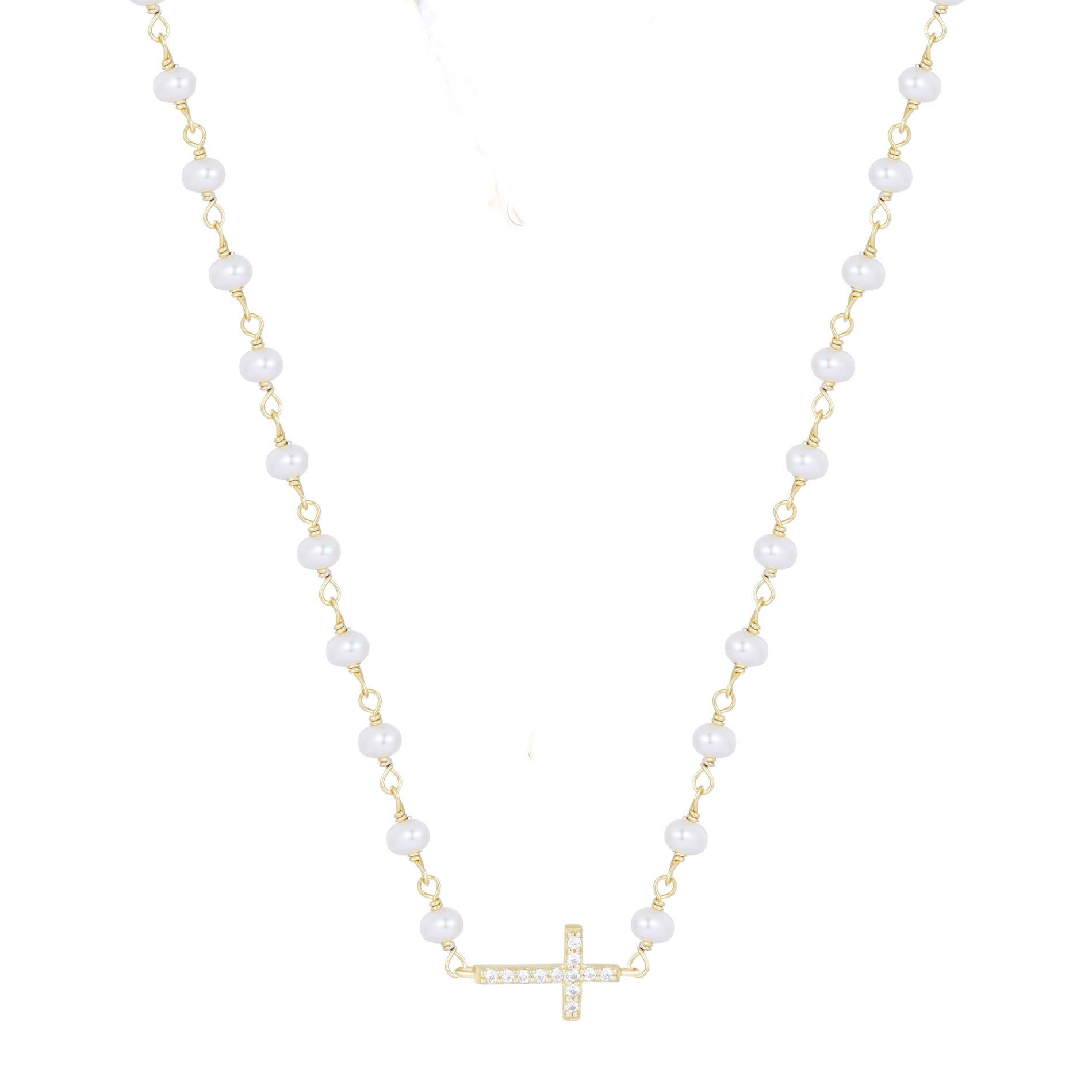 KATERINA CROSS FRESHWATER PEARL BEADED GOLD NECKLACE