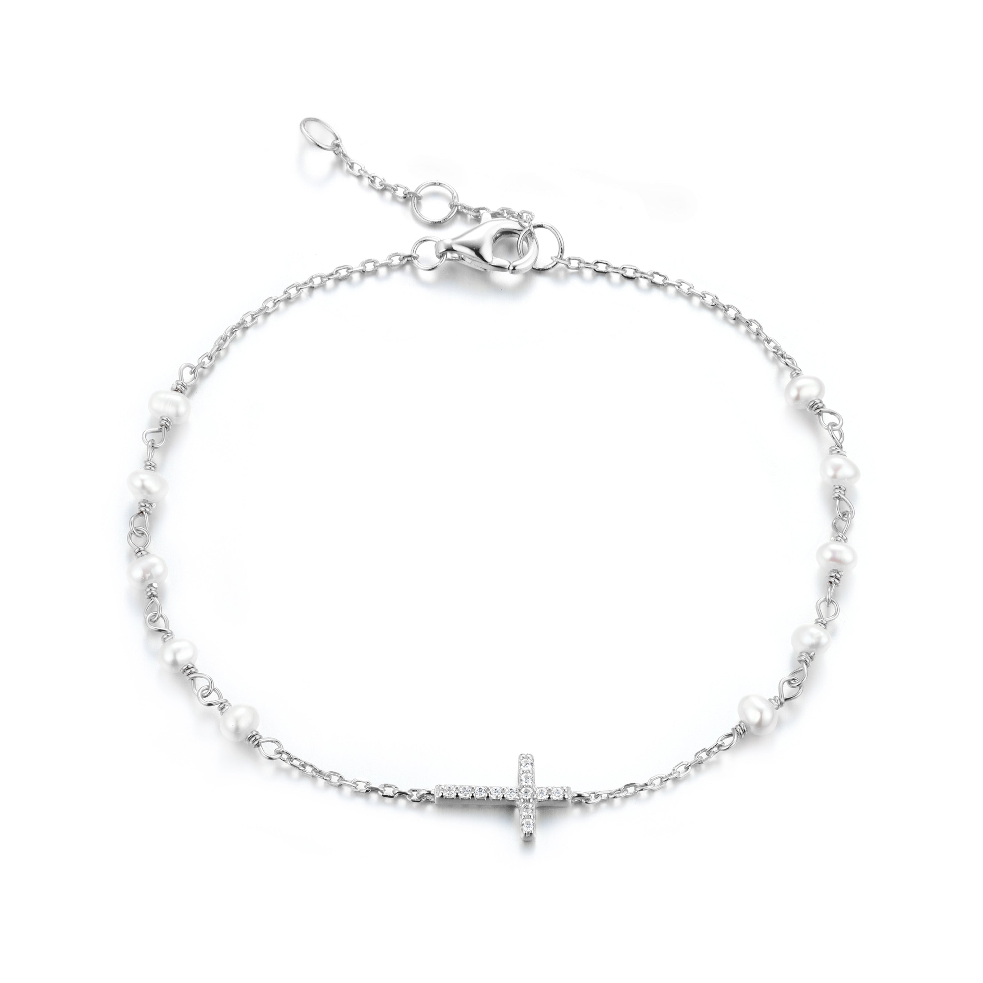 GABRIELLA CROSS FRESHWATER PEARL BEADED SILVER BRACELET