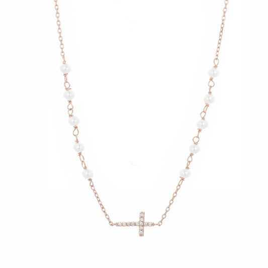 GABRIELLA CROSS PEARL BEADED ROSE GOLD NECKLACE