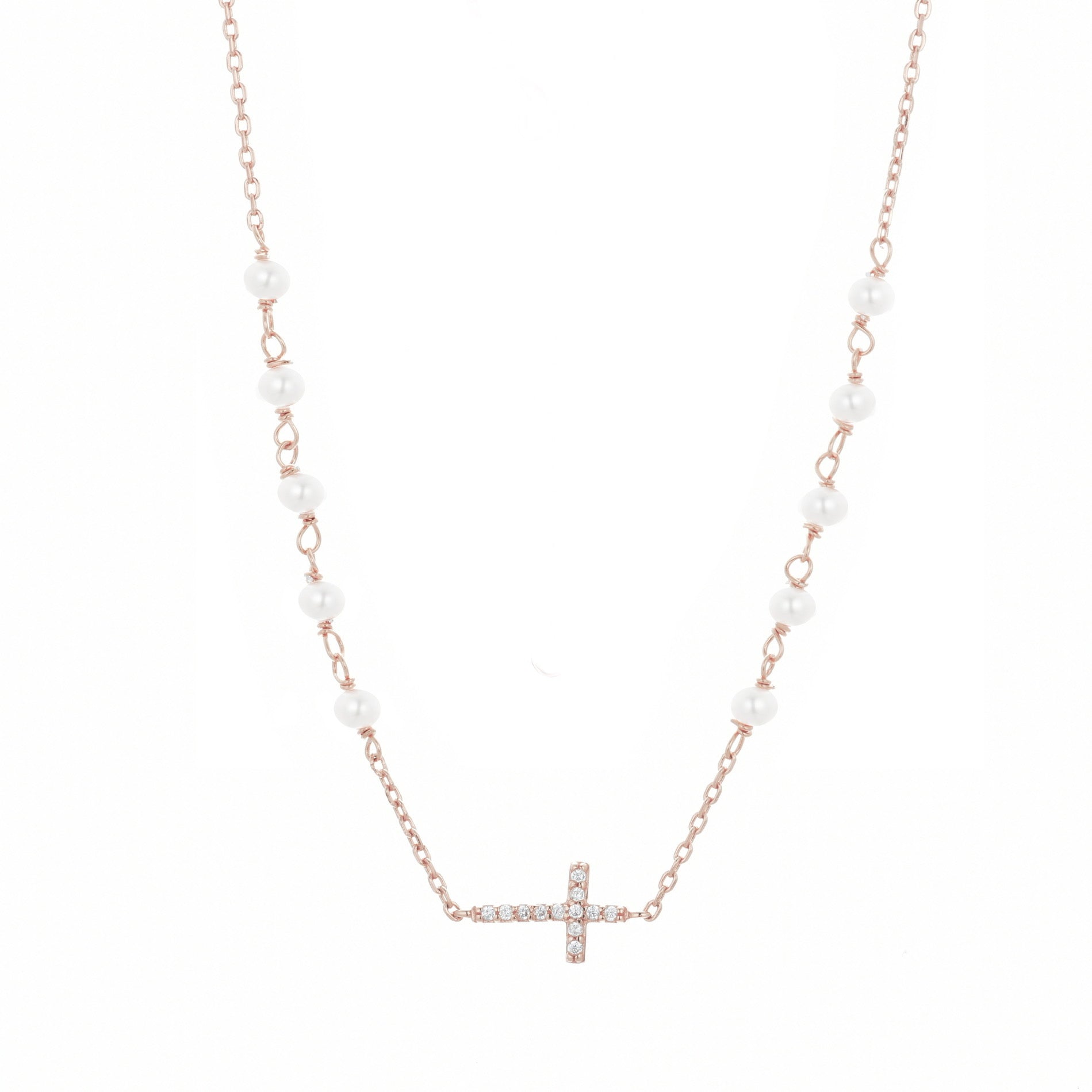 GABRIELLA CROSS FRESHWATER PEARL BEADED ROSE GOLD NECKLACE