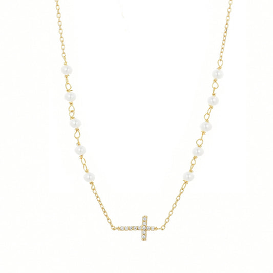 GABRIELLA CROSS PEARL BEADED GOLD NECKLACE