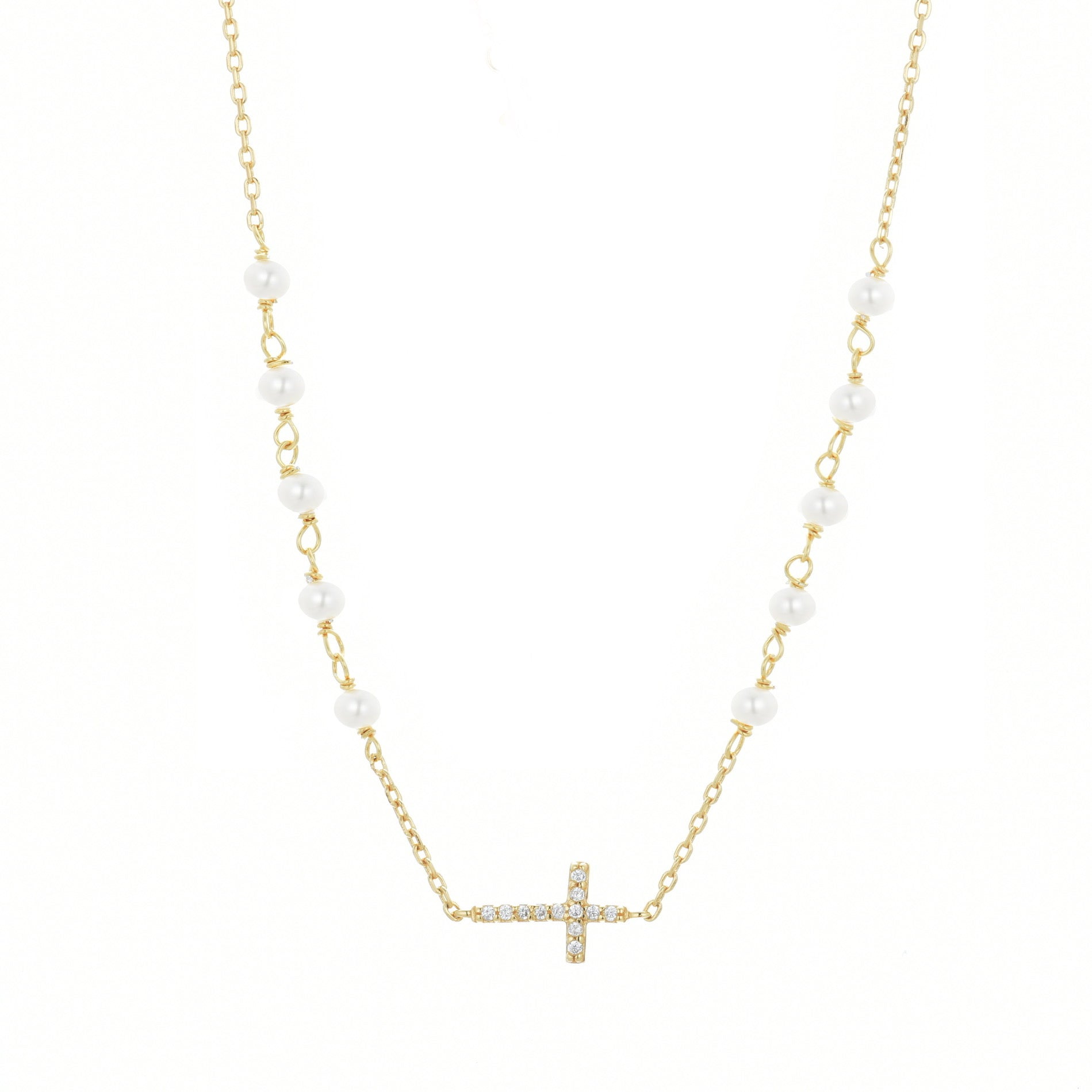 GABRIELLA CROSS FRESHWATER PEARL BEADED GOLD NECKLACE