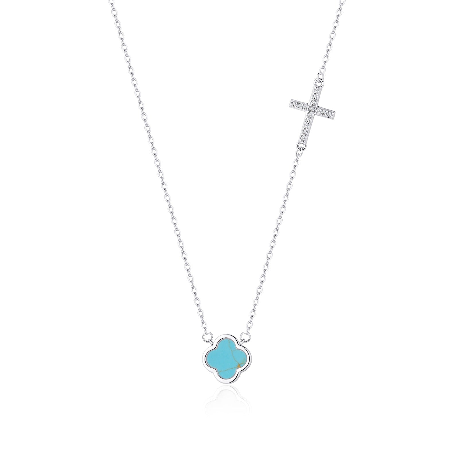 ELLIE TURQUOISE CLOVER AND CROSS SILVER NECKLACE
