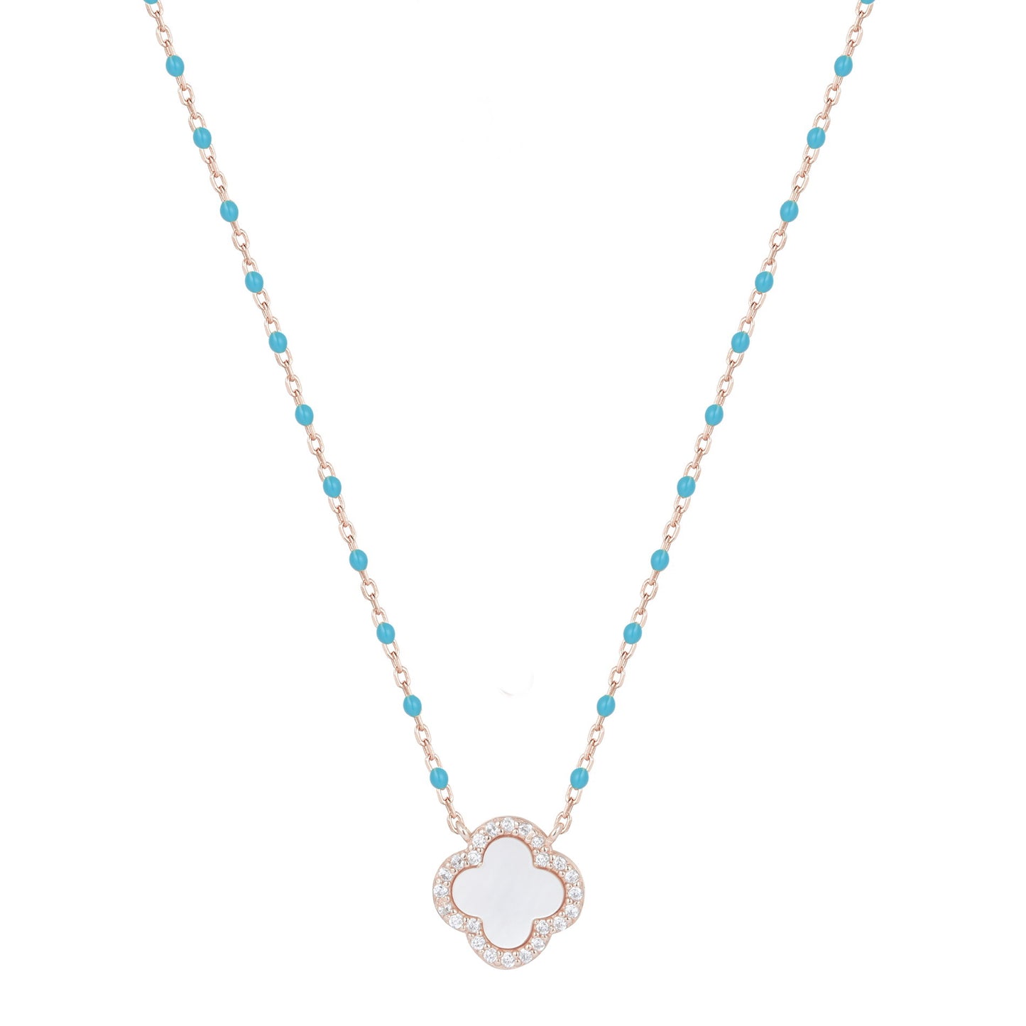 IMOGEN PEARL CLOVER BLUE BEADED ROSE GOLD NECKLACE