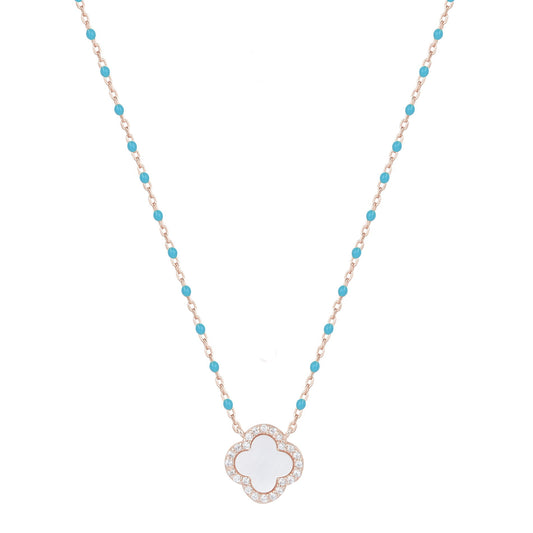 IMOGEN PEARL CLOVER BLUE BEADED ROSE GOLD NECKLACE
