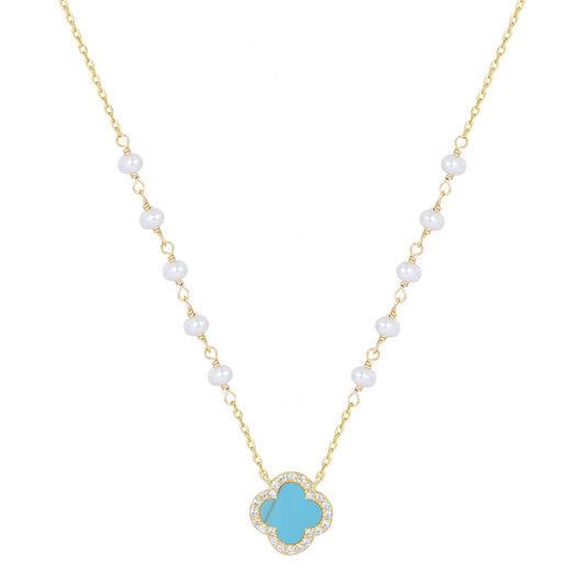 HARPER PEARL TURQUOISE CLOVER GOLD NECKLACE