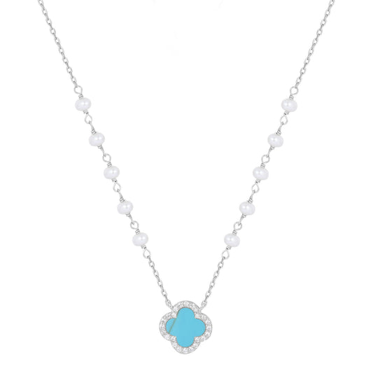 HARPER PEARL TURQUOISE CLOVER SILVER NECKLACE