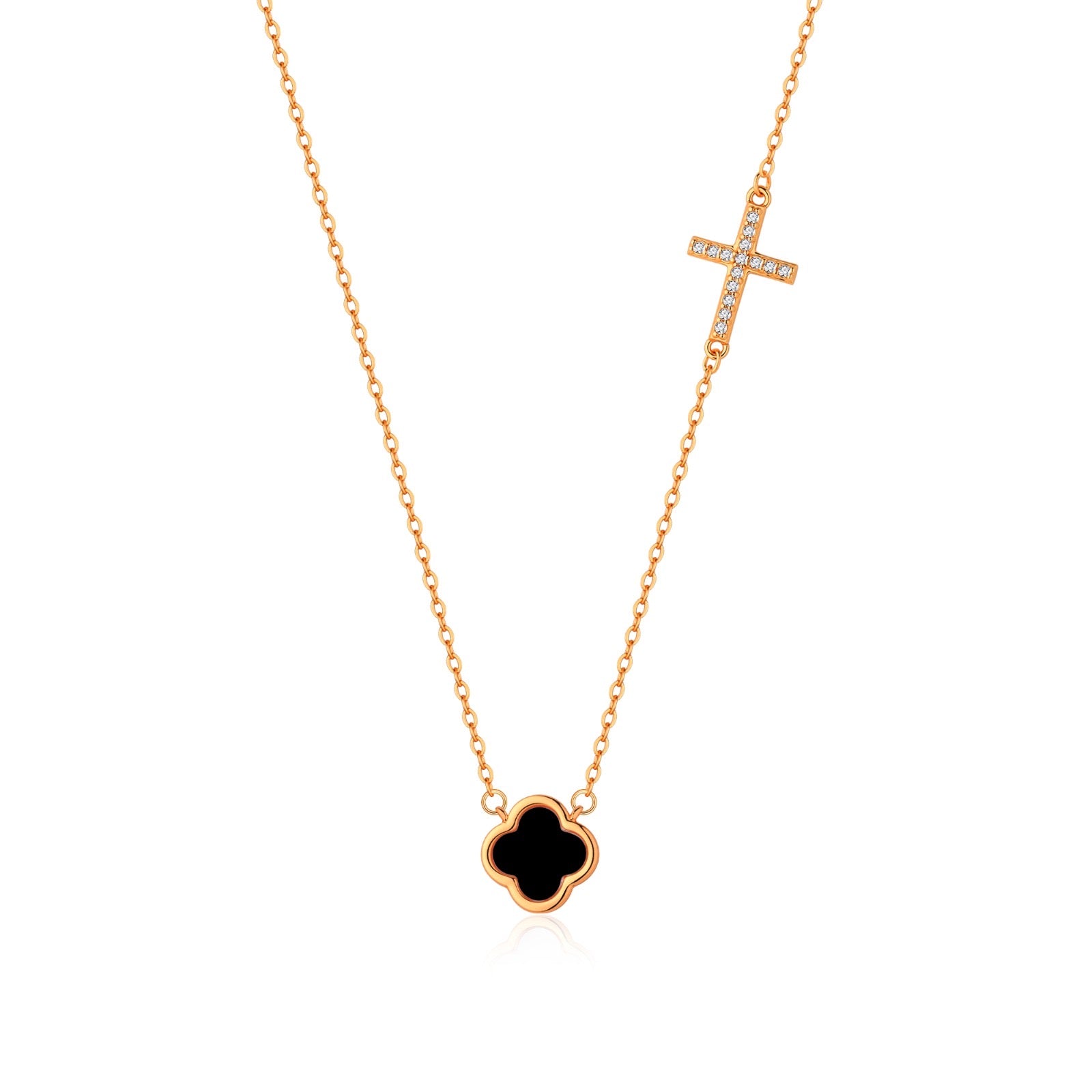 ELLIE BLACK AGATE CLOVER AND CROSS ROSE GOLD NECKLACE