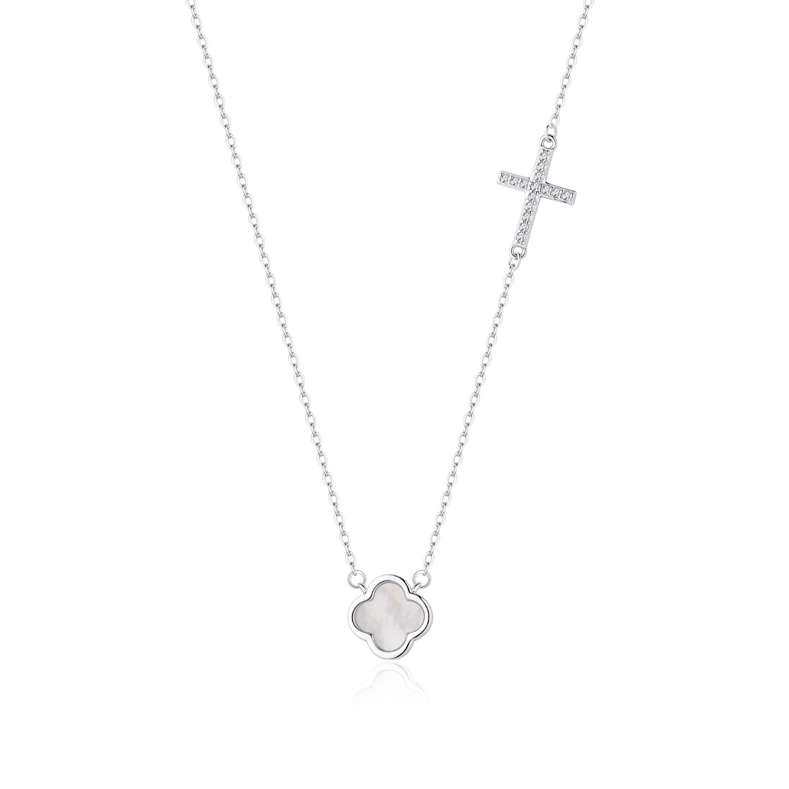 ELLIE PEARL CLOVER AND CROSS SILVER NECKLACE