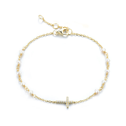 GABRIELLA CROSS PEARL BEADED GOLD BRACELET