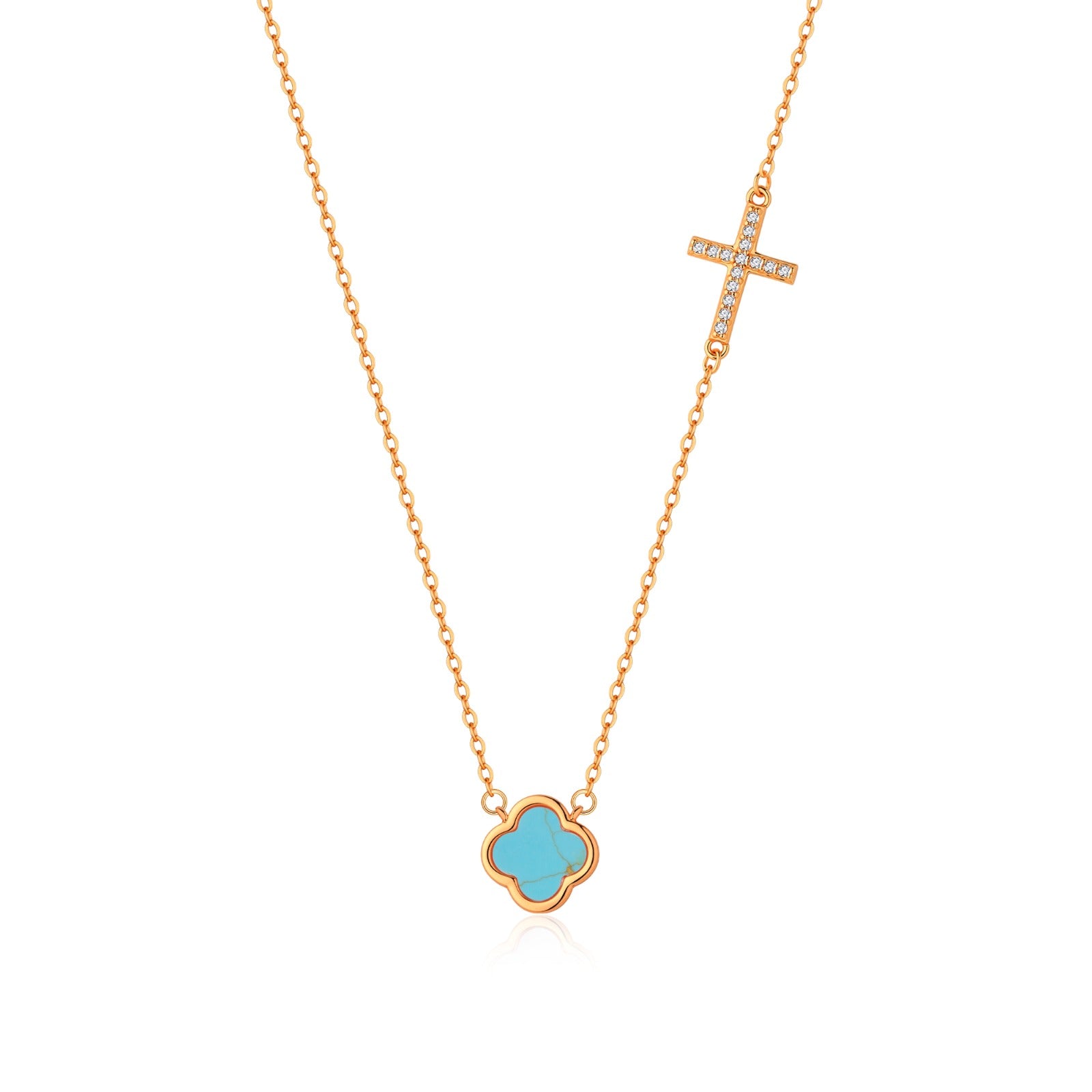 ELLIE TURQUOISE CLOVER AND CROSS ROSE GOLD NECKLACE