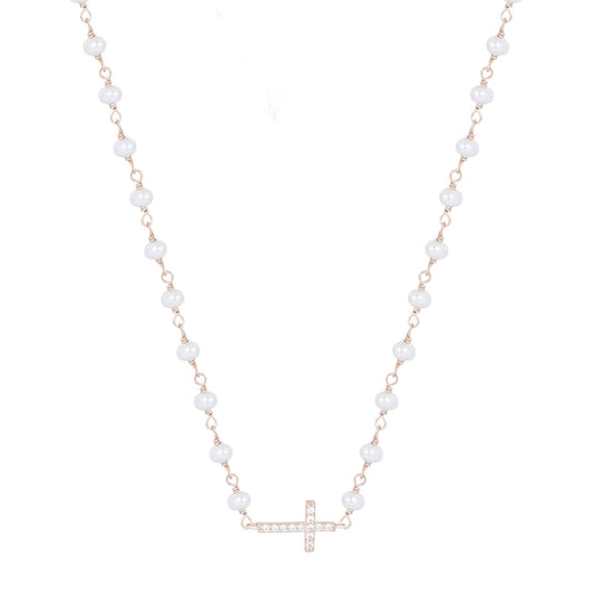 KATERINA CROSS PEARL BEADED ROSE GOLD NECKLACE
