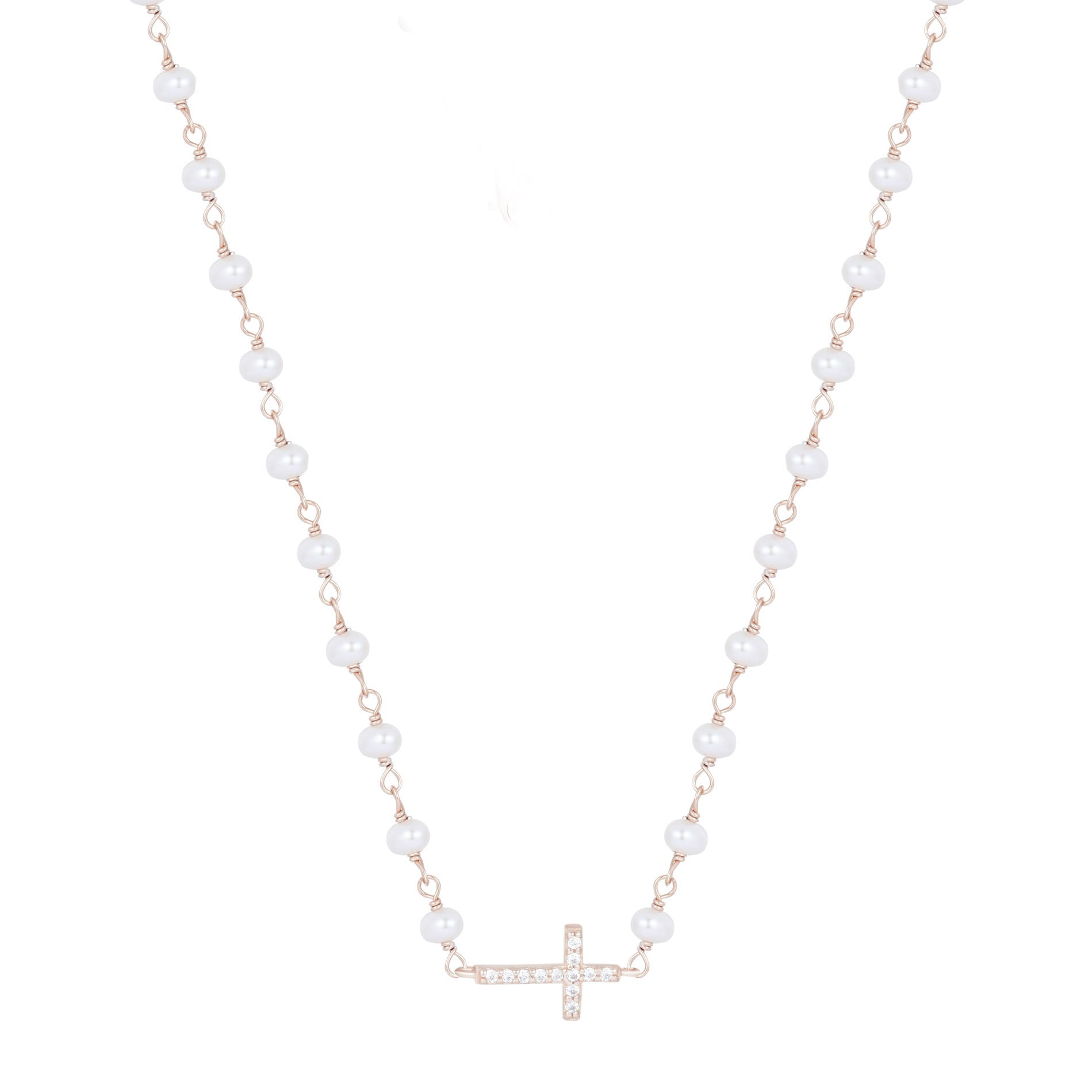 KATERINA CROSS FRESHWATER PEARL BEADED ROSE GOLD NECKLACE