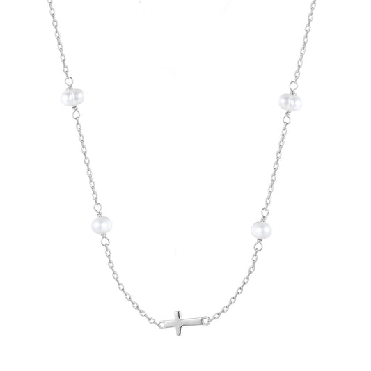silver pearl beaded cross necklace 