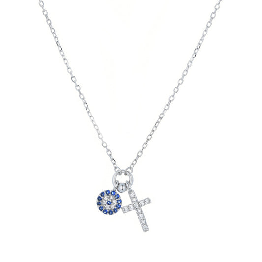 evil eye and cross charm silver necklace