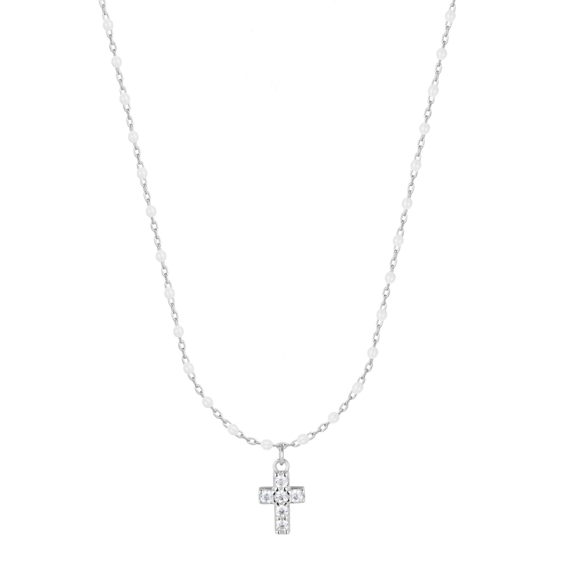 AMARI MINI CROSS WHITE BEADED SILVER NECKLACE