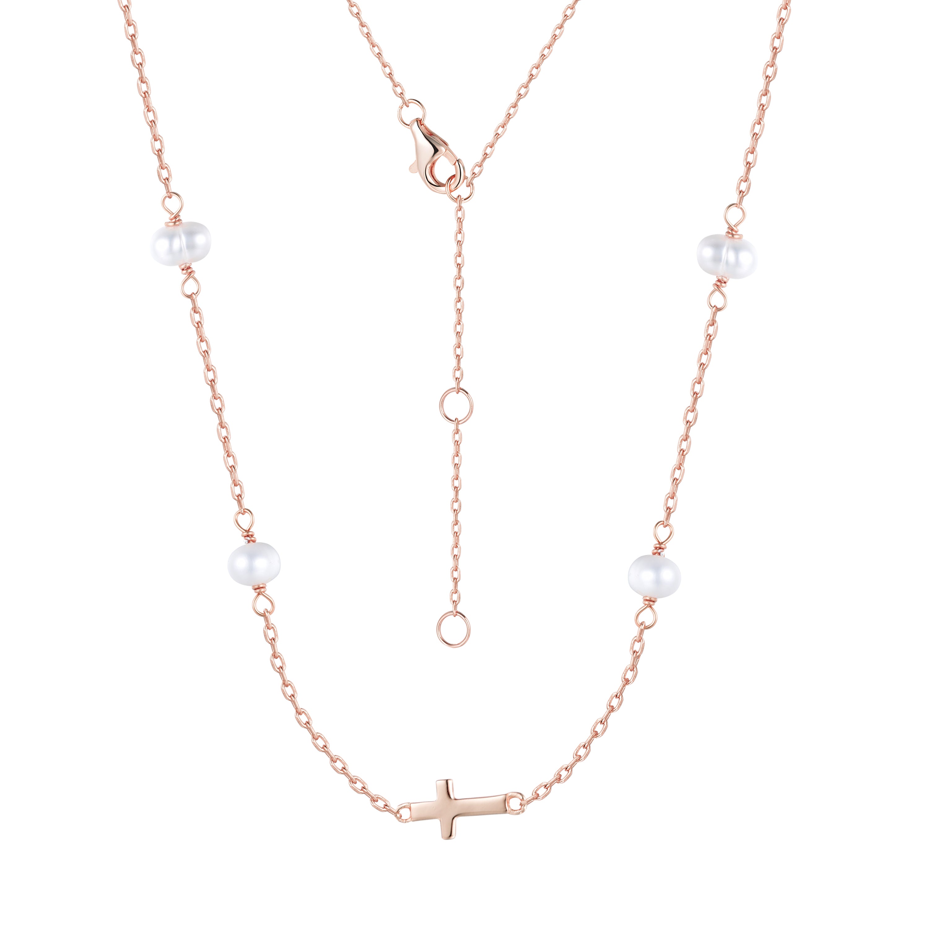 MIKALA CROSS FRESHWATER PEARL BEADED ROSE GOLD NECKLACE