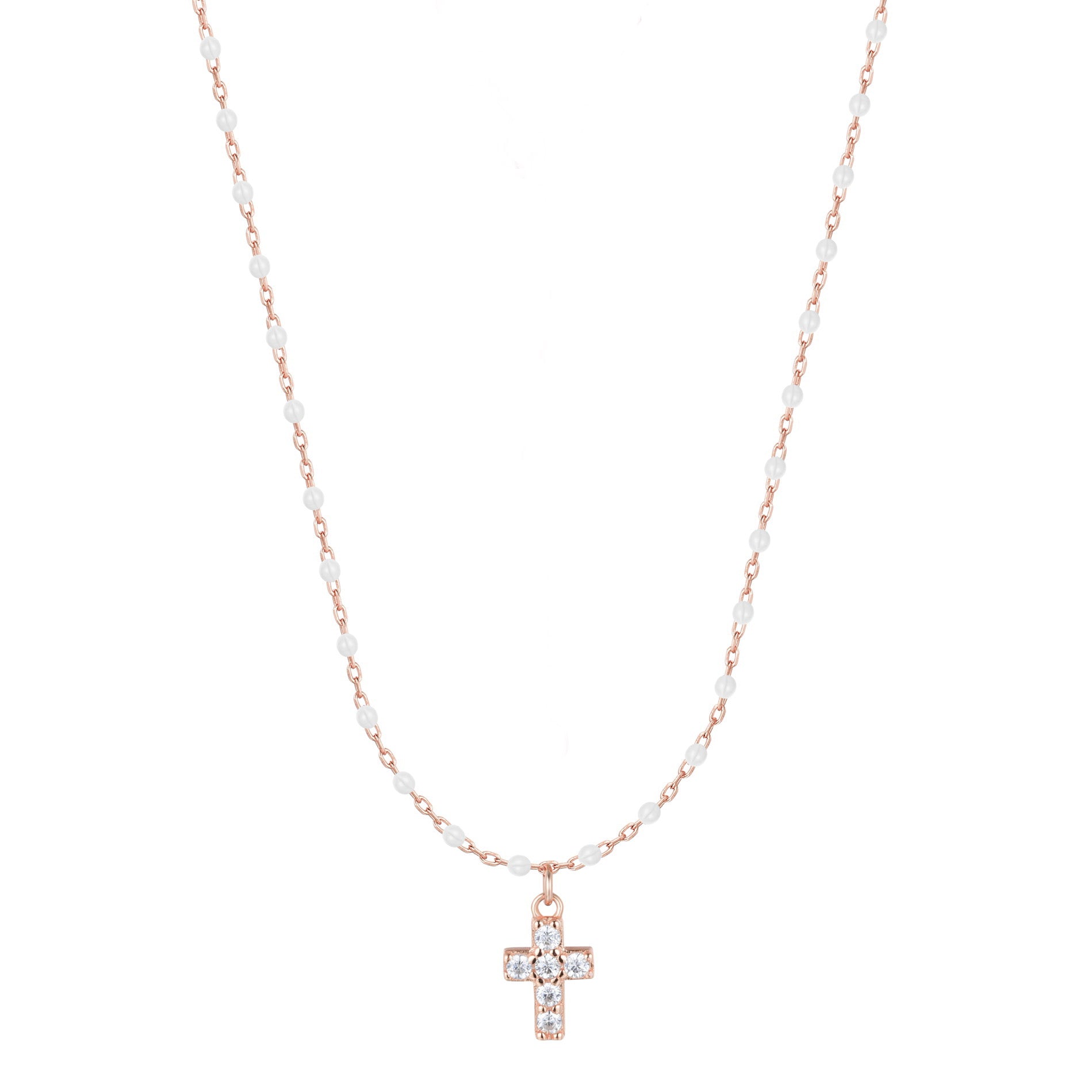 AMARI MINI CROSS WHITE BEADED ROSE GOLD NECKLACE