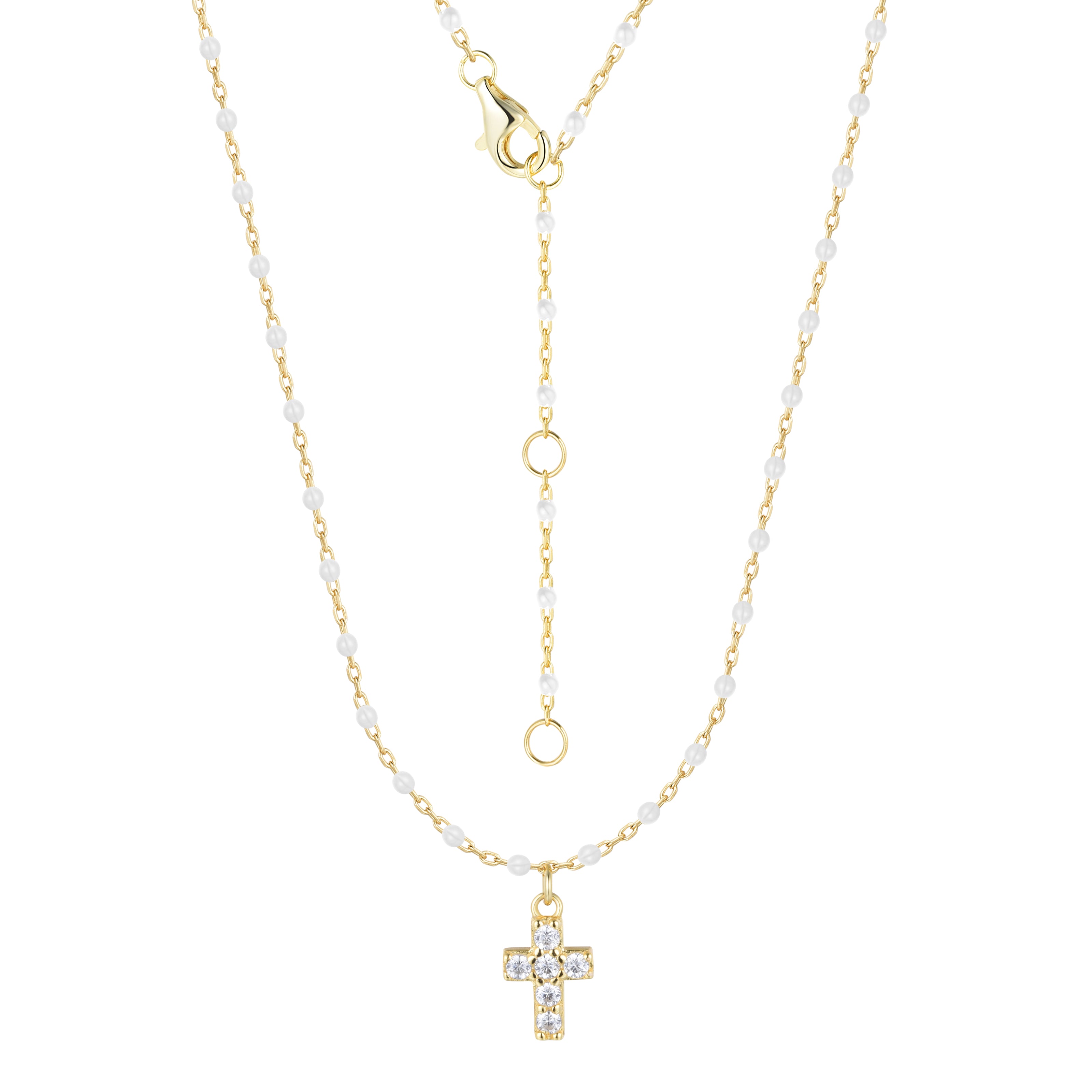 AMARI MINI CROSS WHITE BEADED GOLD NECKLACE