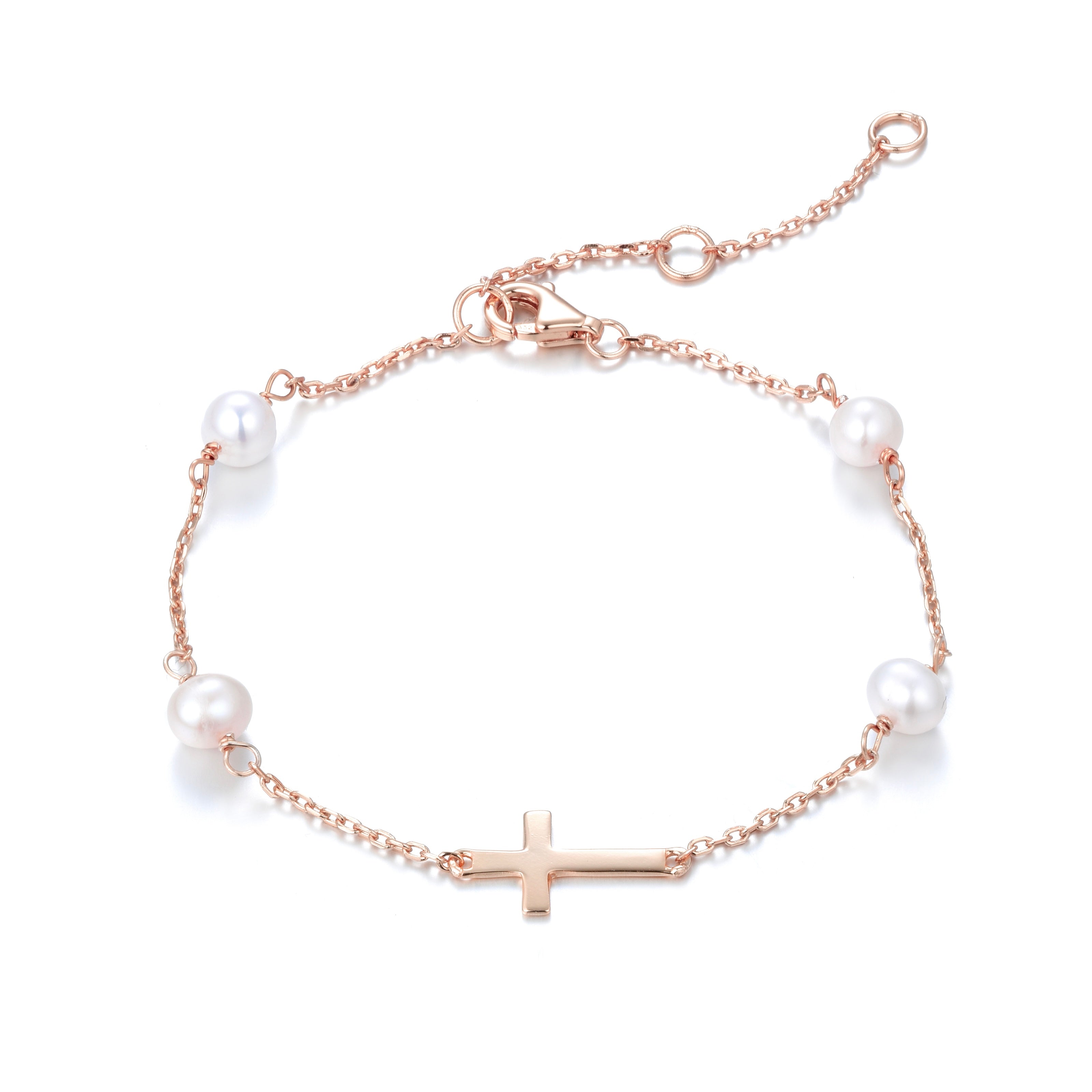 MIKALA CROSS FRESHWATER PEARL BEADED ROSE GOLD BRACELET