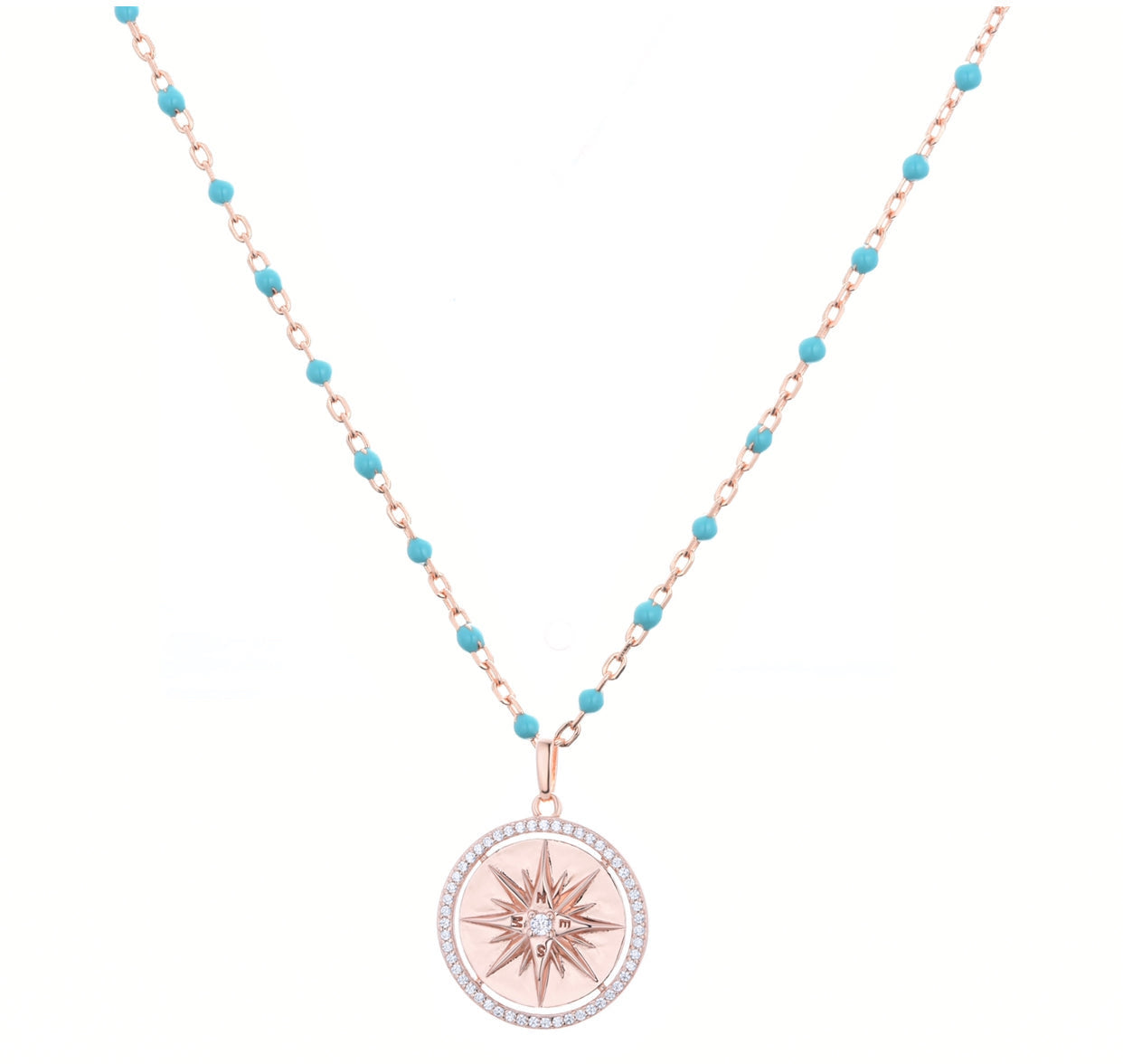 rose gold compass turquoise beaded necklace 