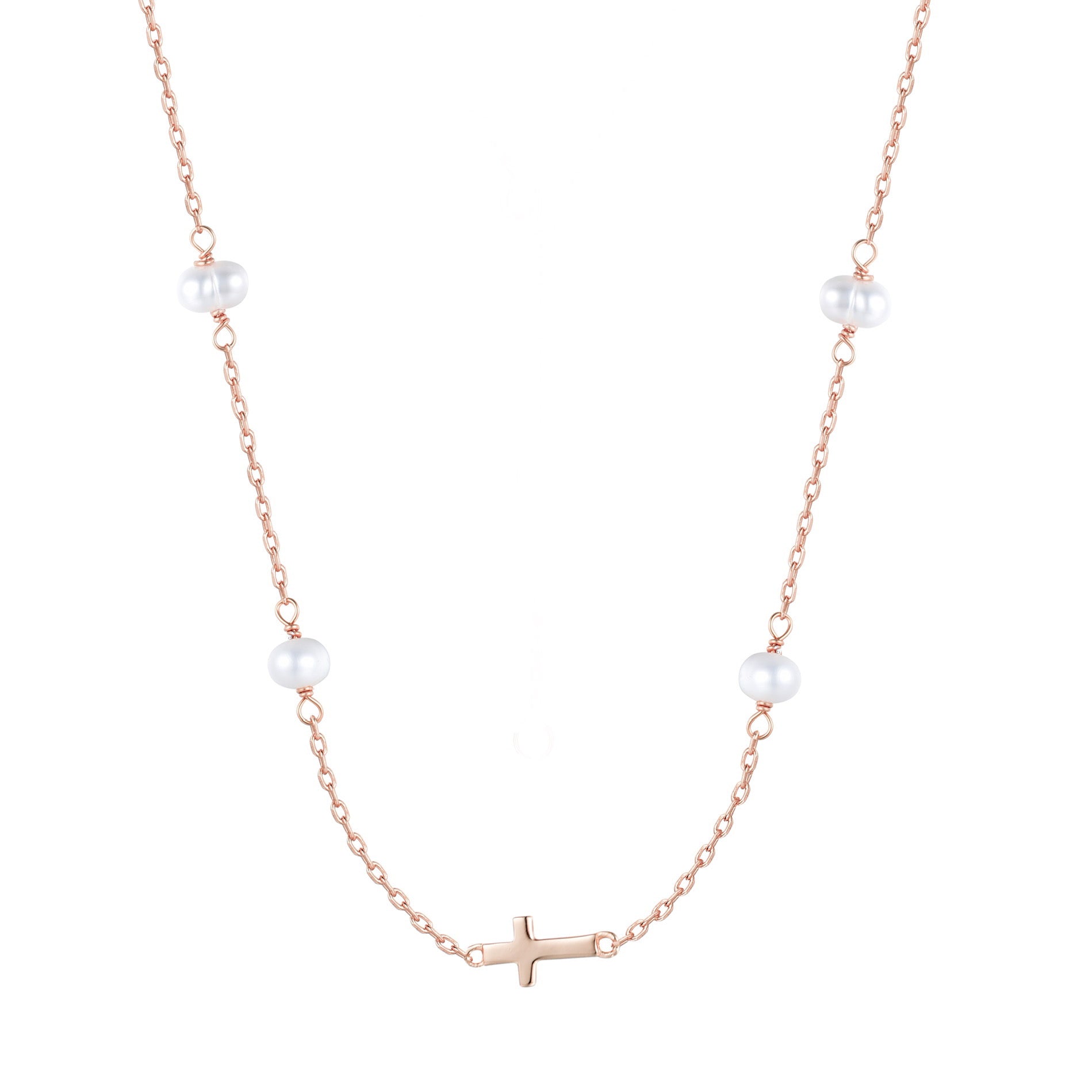 MIKALA CROSS FRESHWATER PEARL BEADED ROSE GOLD NECKLACE