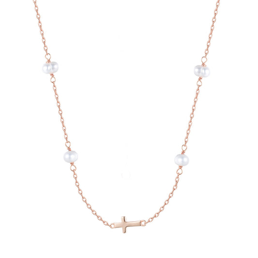 MIKALA CROSS PEARL BEADED ROSE GOLD NECKLACE