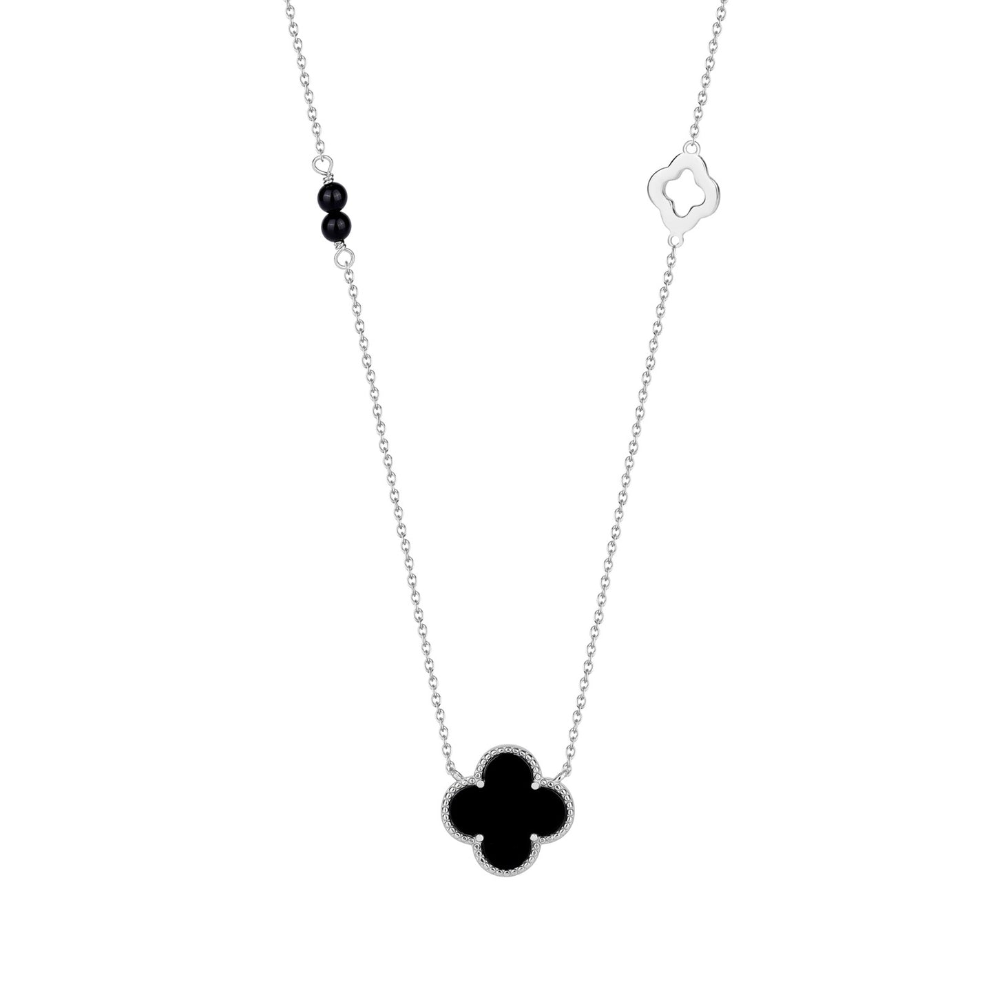 KARA BLACK AGATE CLOVER SILVER NECKLACE