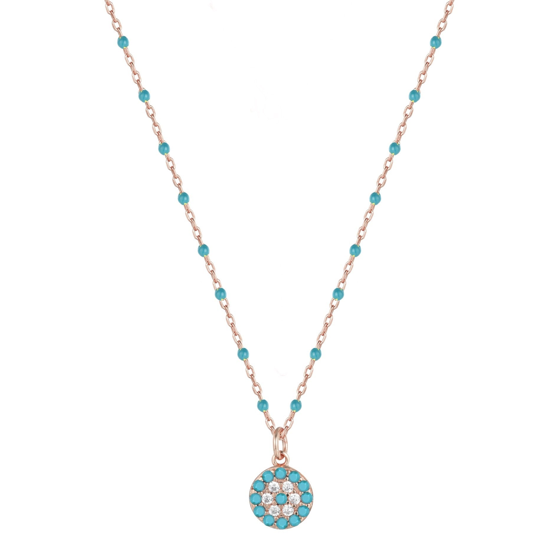 MELINA MINI EVIL EYE BLUE BEADED ROSE GOLD NECKLACE