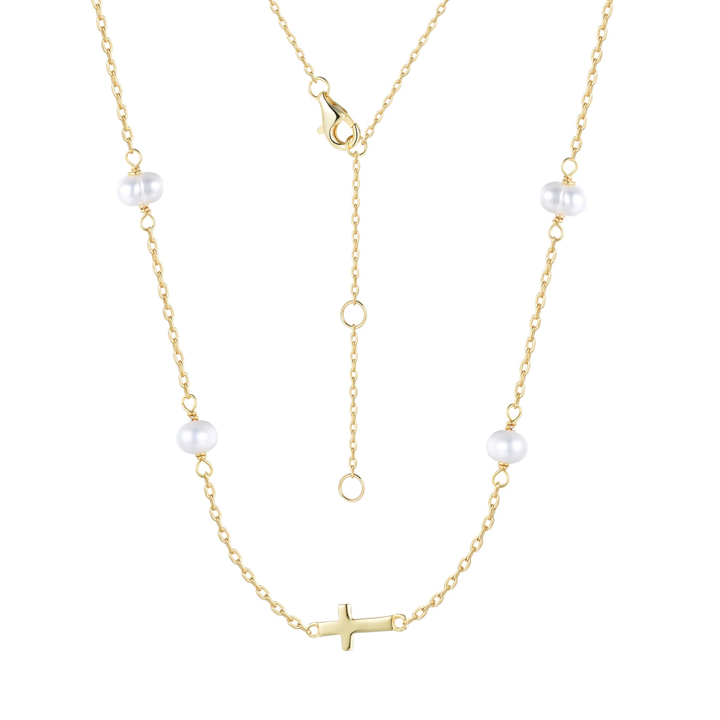 MIKALA CROSS PEARL BEADED GOLD NECKLACE
