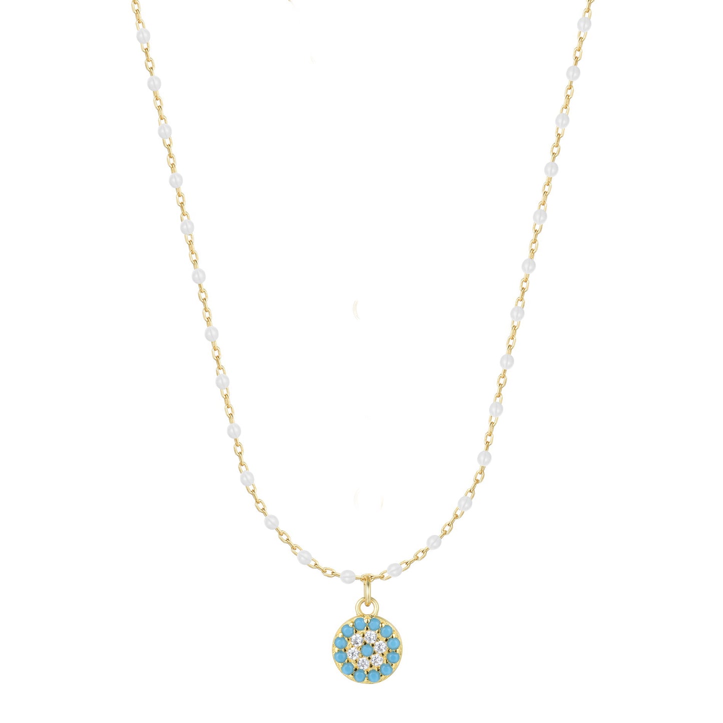 MELINA MINI EVIL EYE WHITE BEADED GOLD NECKLACE