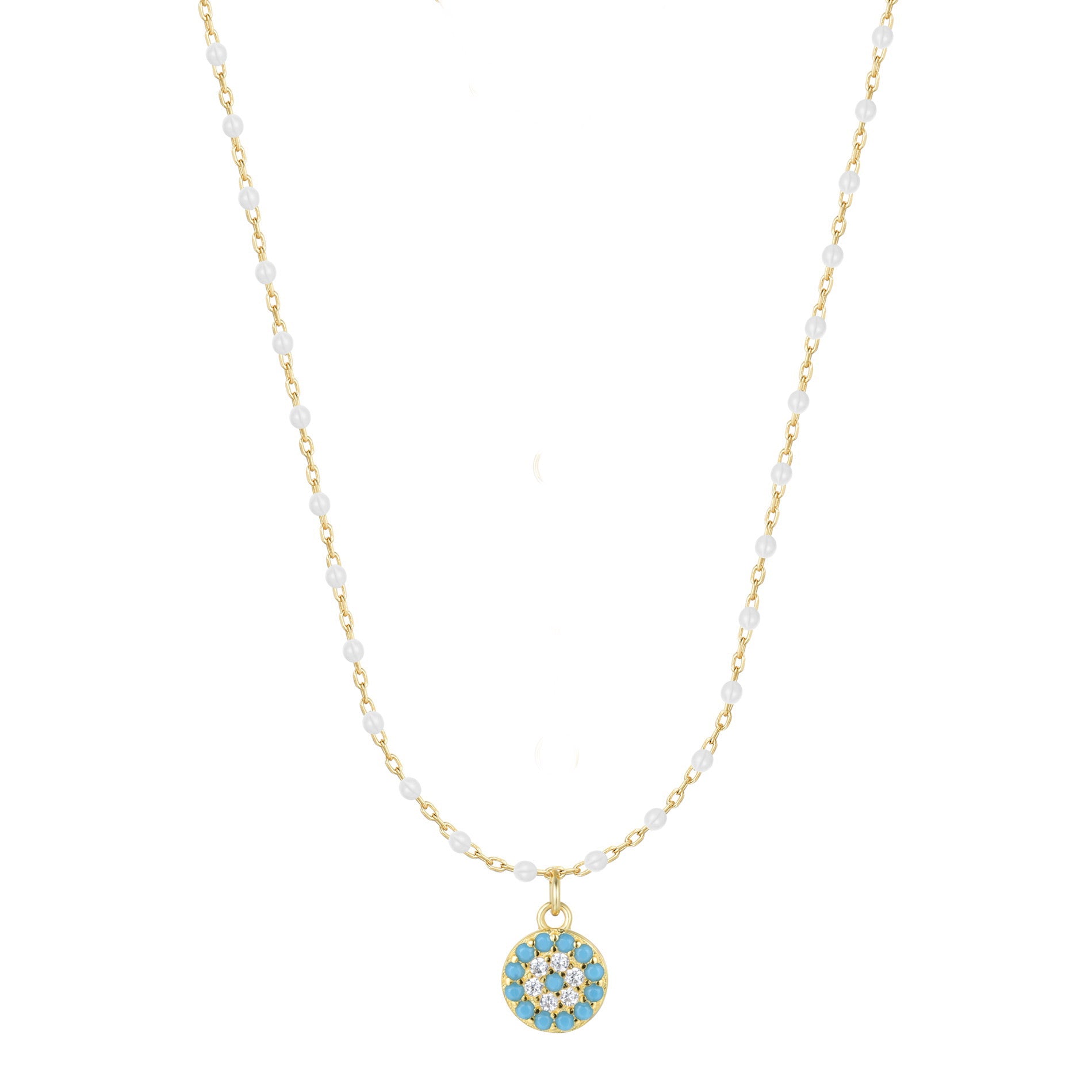 MELINA MINI EVIL EYE WHITE BEADED GOLD NECKLACE