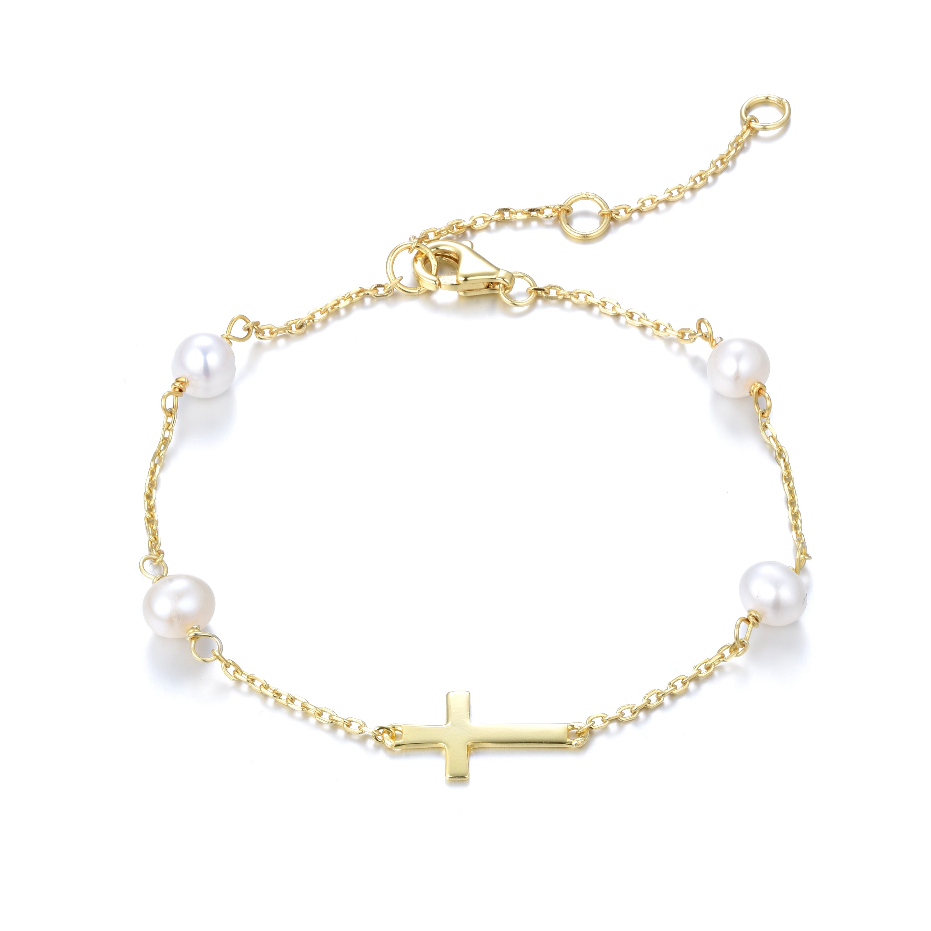MIKALA CROSS FRESHWATER PEARL BEADED GOLD BRACELET