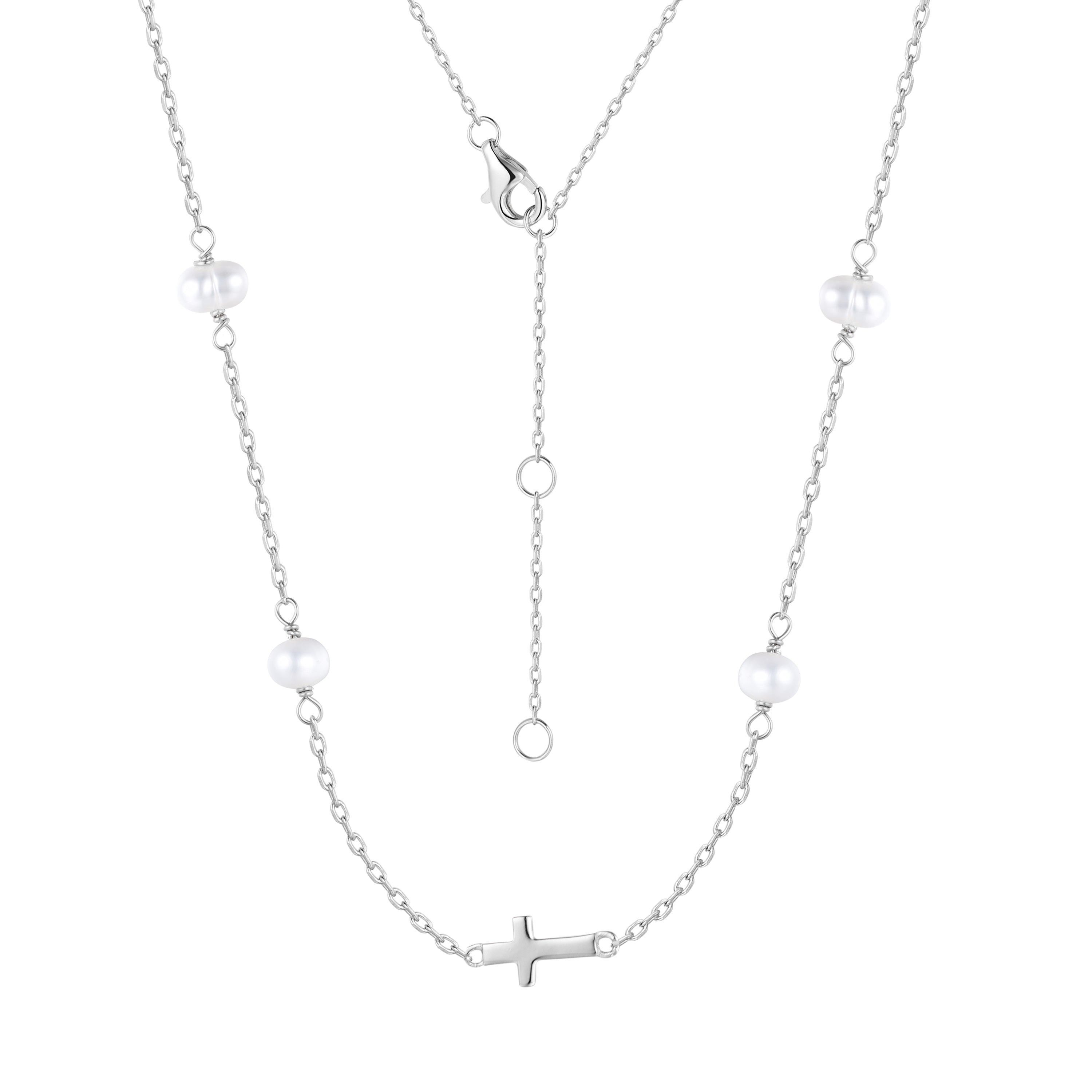 MIKALA CROSS FRESHWATER PEARL BEADED SILVER NECKLACE