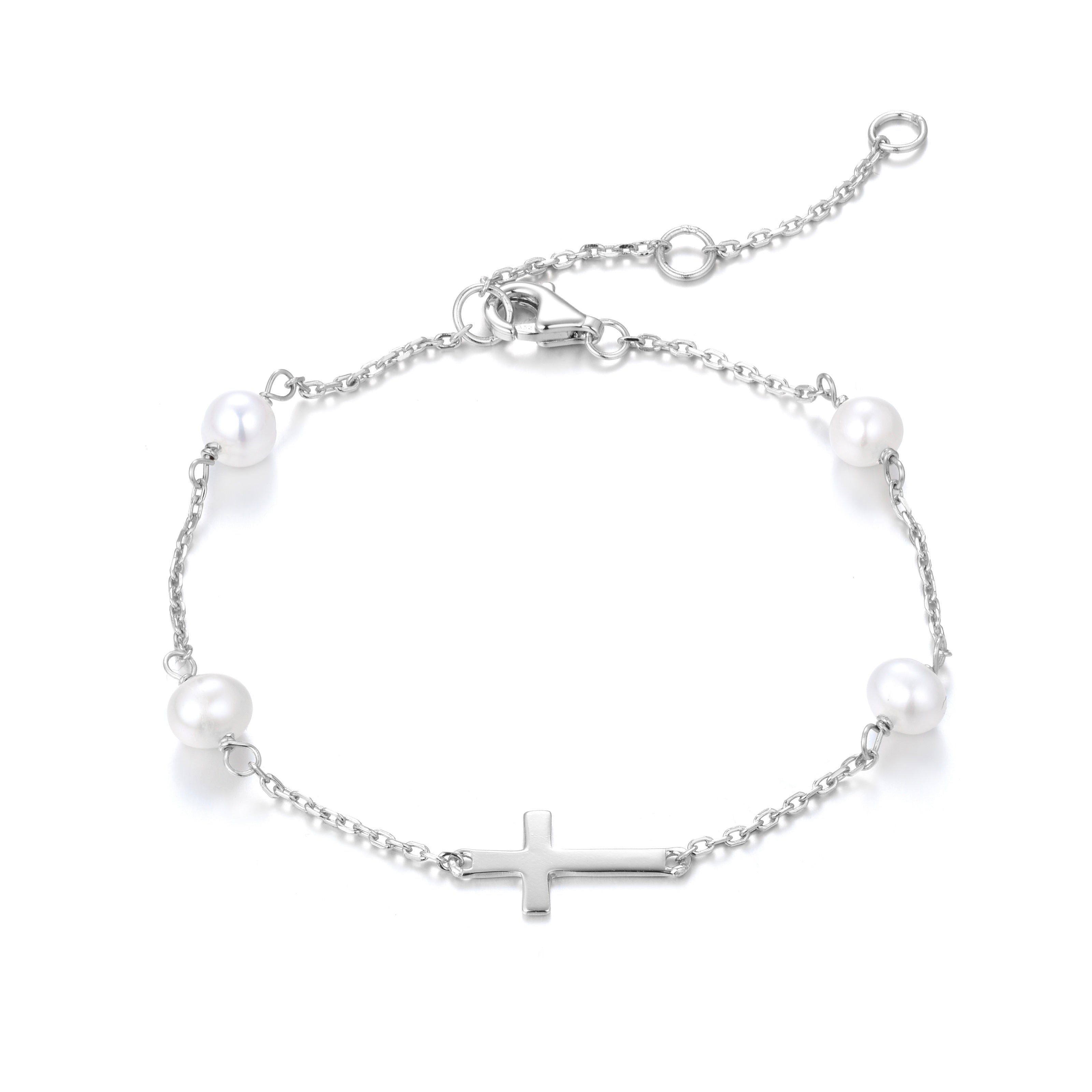 MIKALA CROSS FRESHWATER PEARL BEADED SILVER BRACELET