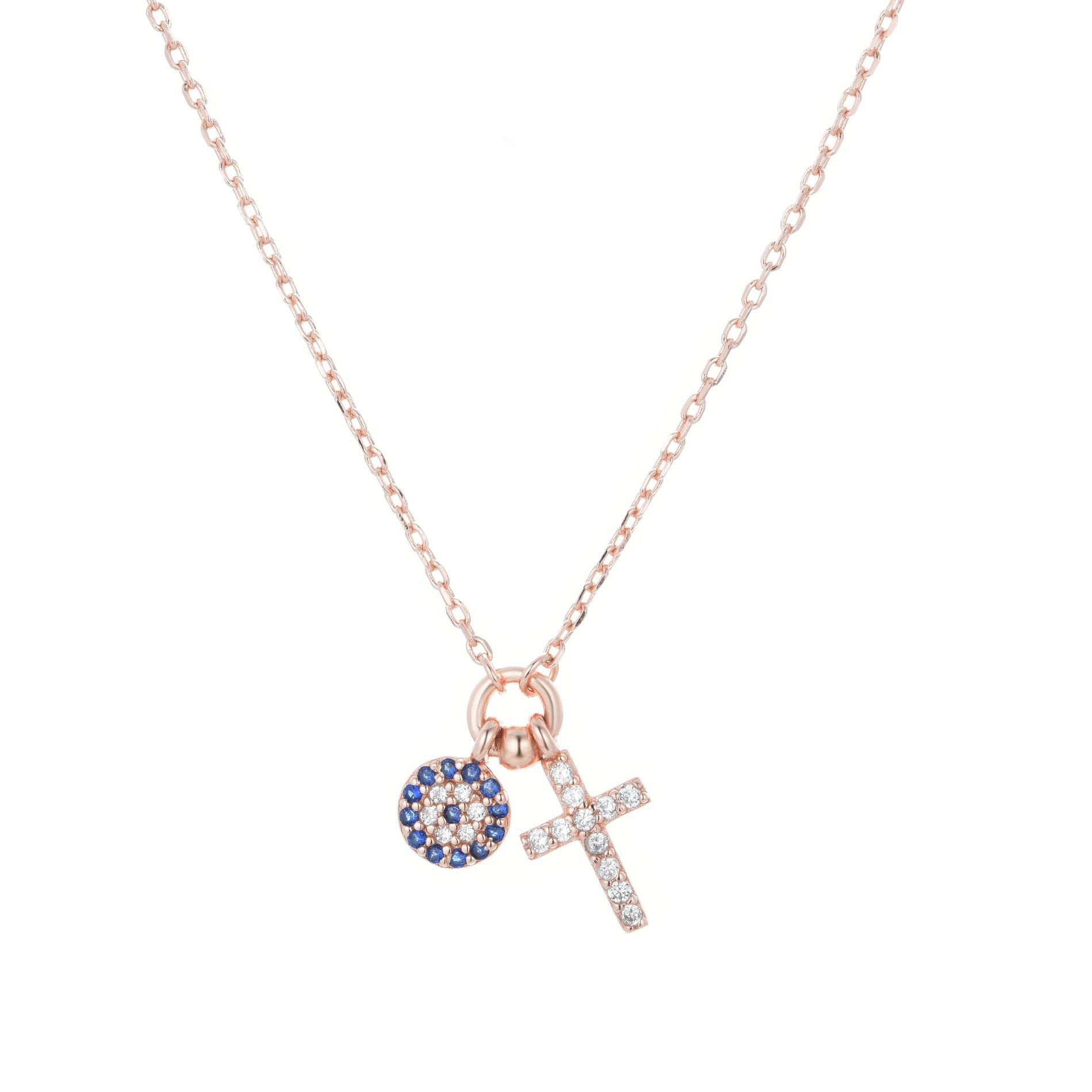 evil eye and cross charm rose gold necklace