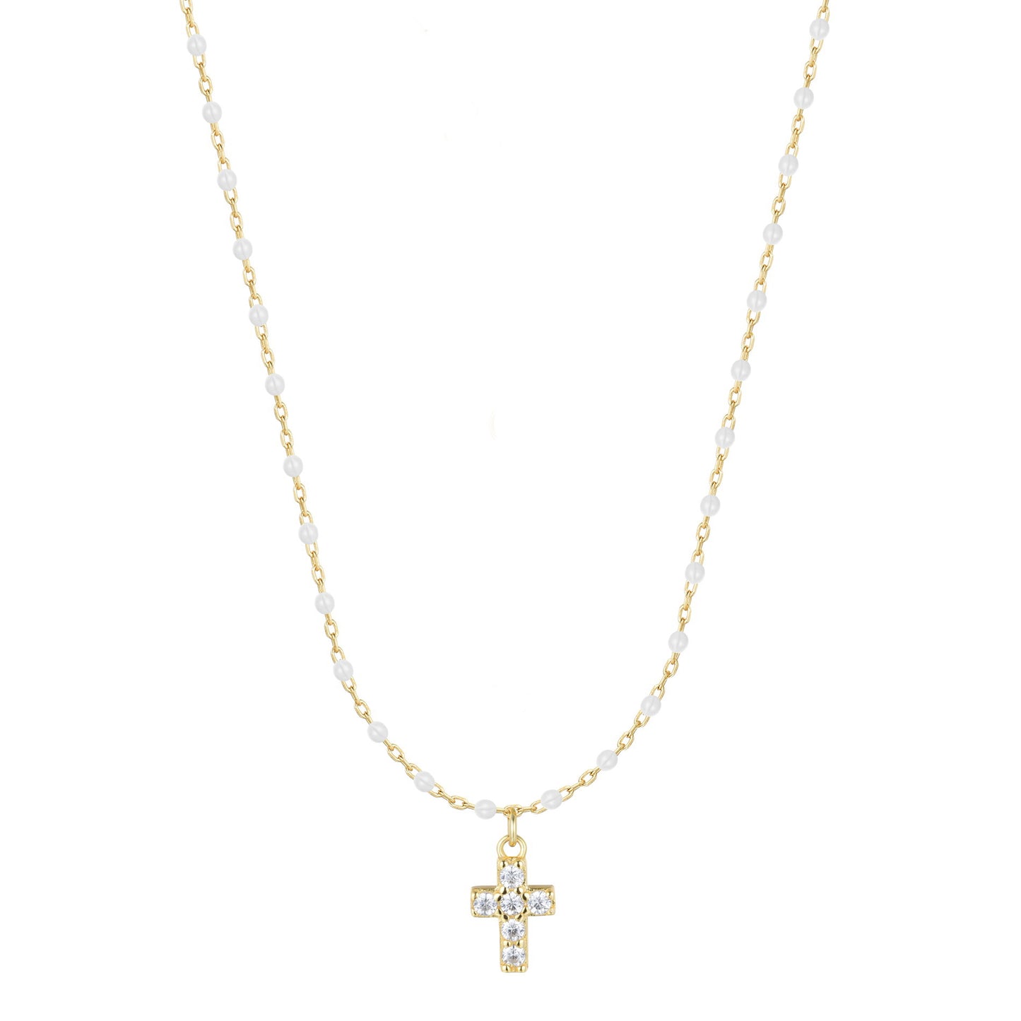 AMARI MINI CROSS WHITE BEADED GOLD NECKLACE