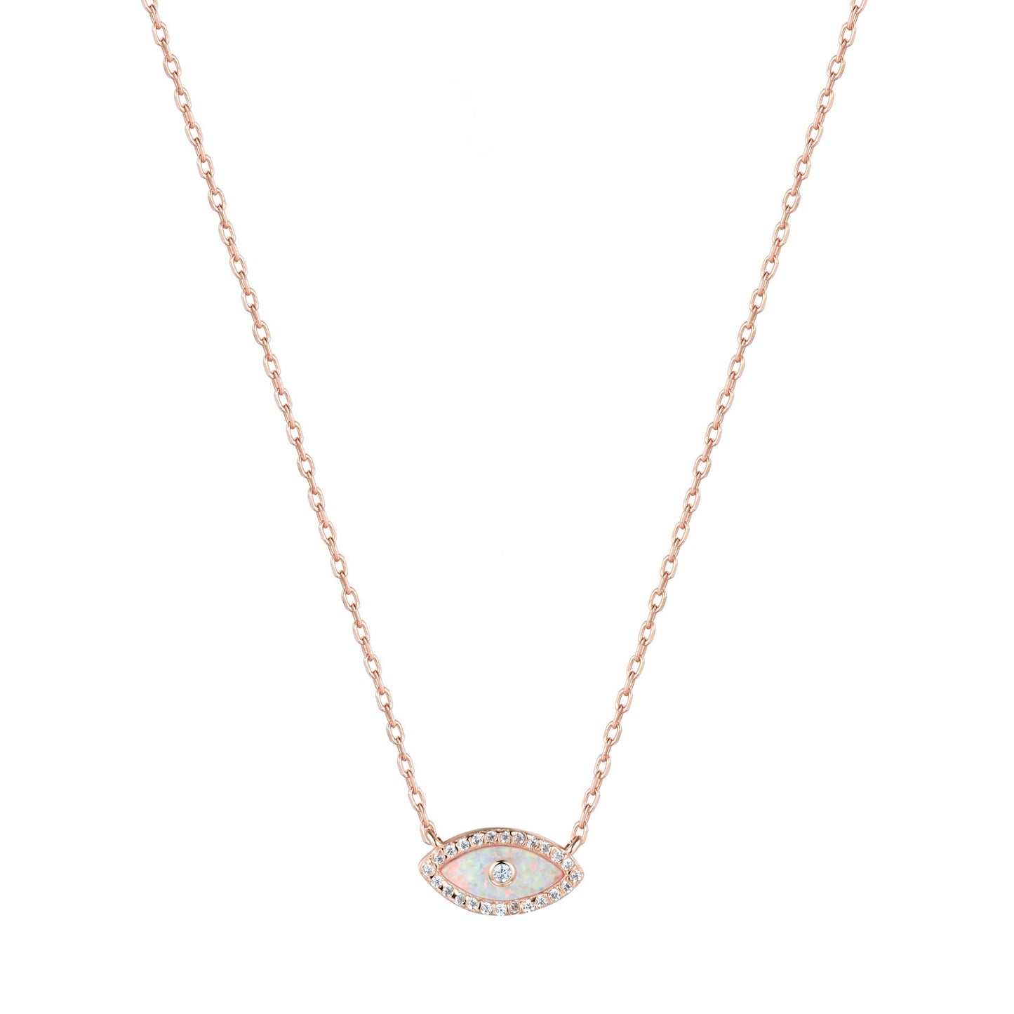 white opal evil eye rose gold necklace