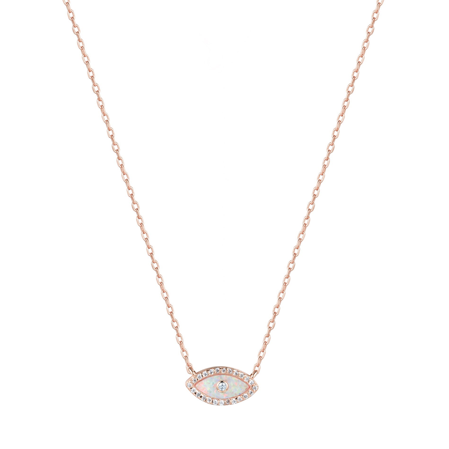 white opal evil eye rose gold necklace