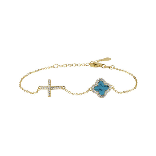 CELINA TURQUOISE CRYSTAL CLOVER AND CROSS GOLD BRACELET