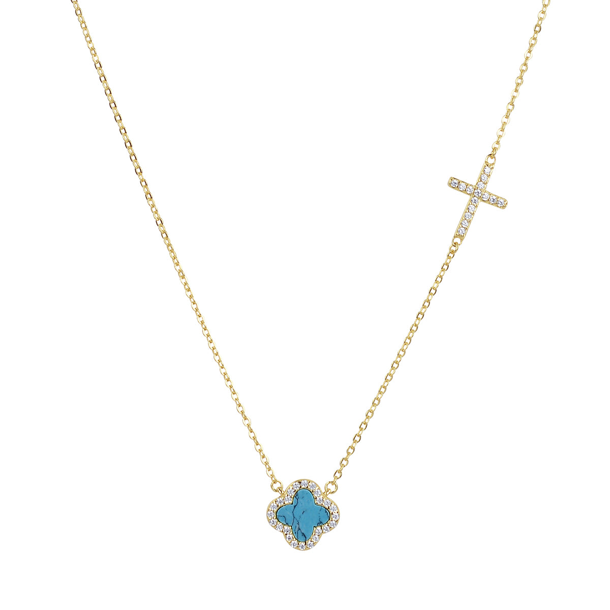CELINA TURQUOISE CRYSTAL CLOVER AND CROSS GOLD NECKLACE