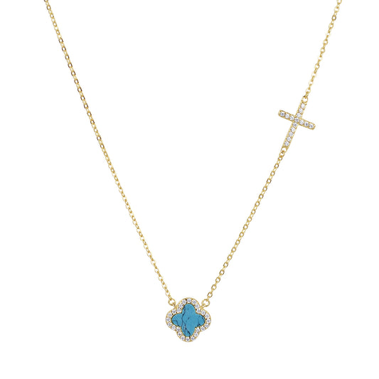 CELINA TURQUOISE CRYSTAL CLOVER AND CROSS GOLD NECKLACE